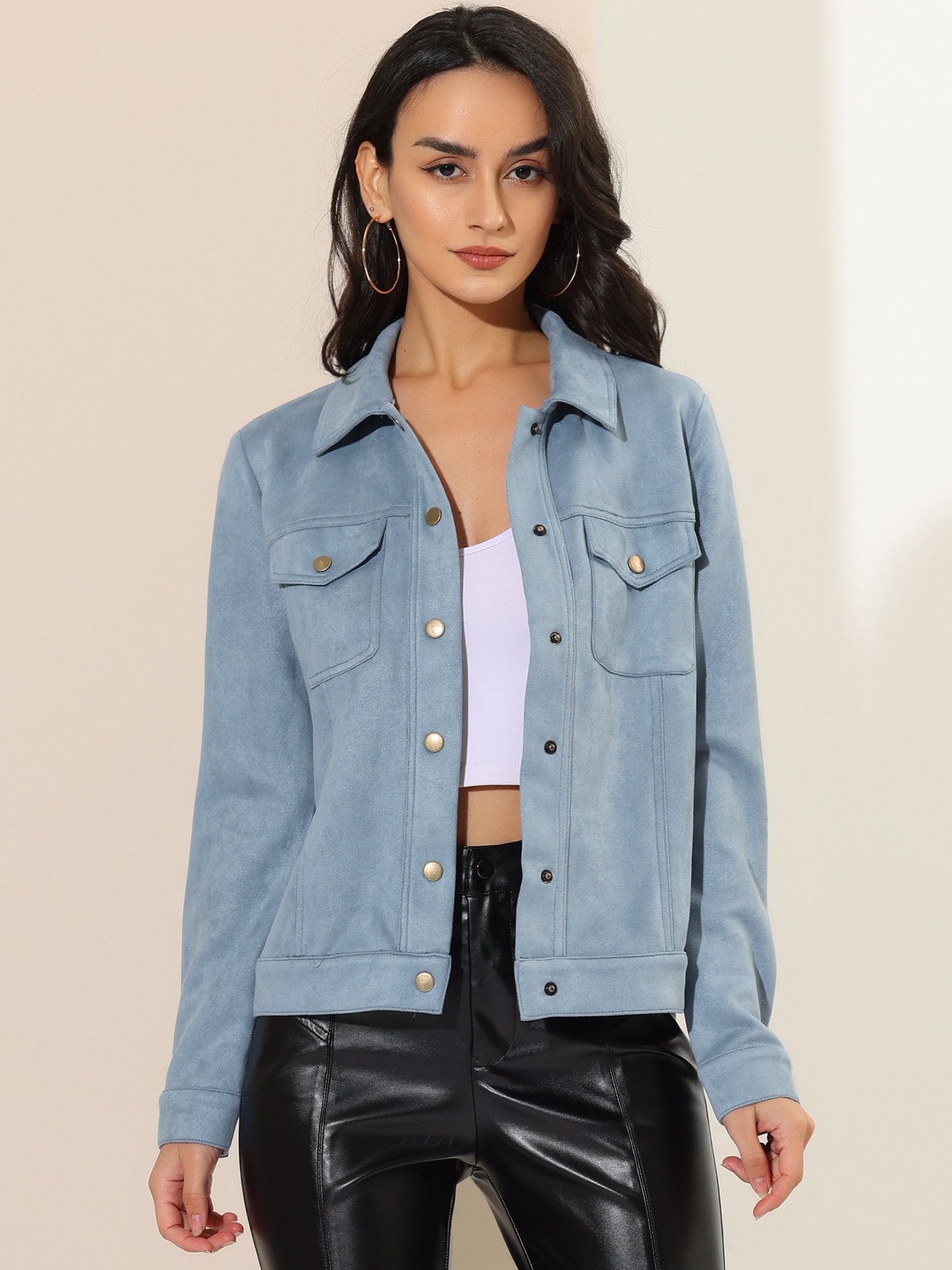 Faux Suede Turn-Down Collar Flap Pocket Snap Button Jacket Light Blue/XS