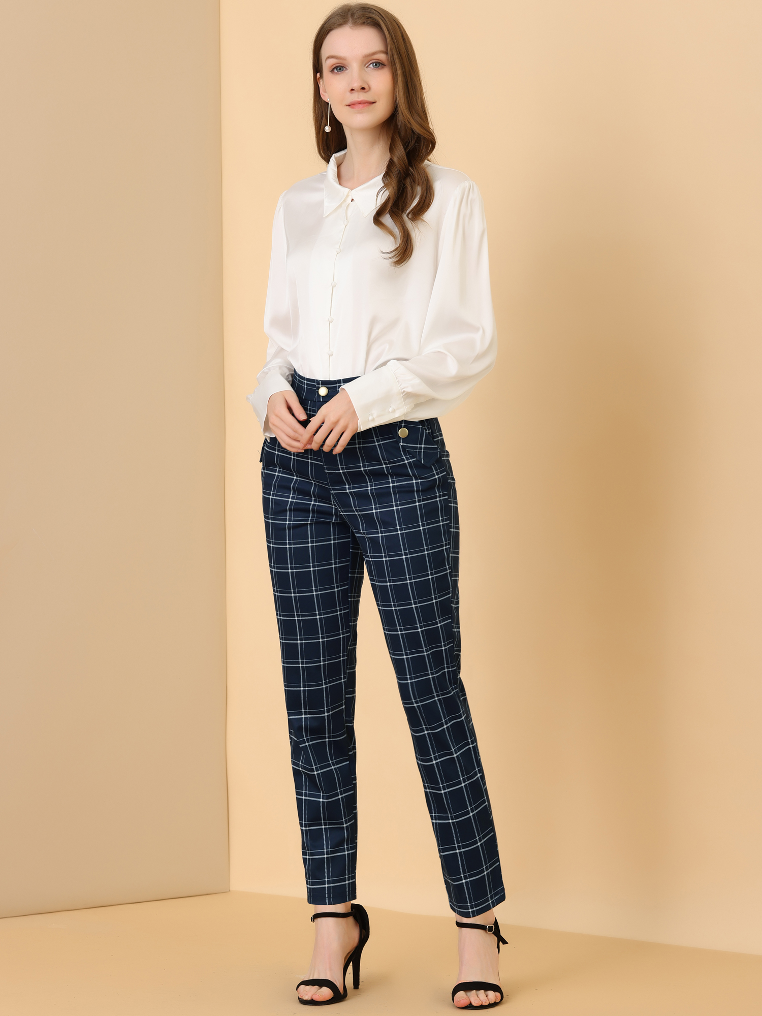 Vintage Tartan Plaid Pants Elastic Waist Straight Long Trousers Dark Blue/M