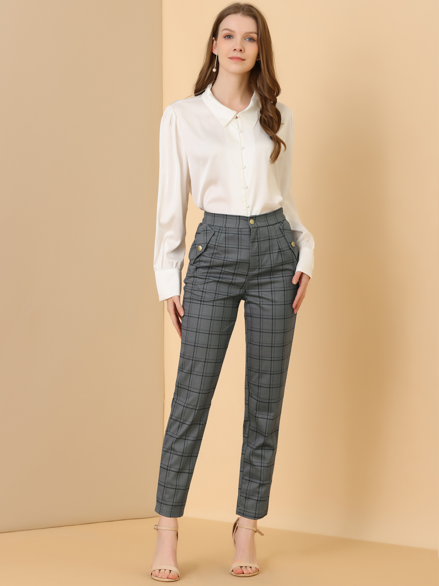 Vintage Tartan Plaid Pants Elastic Waist Straight Long Trousers Grey/M