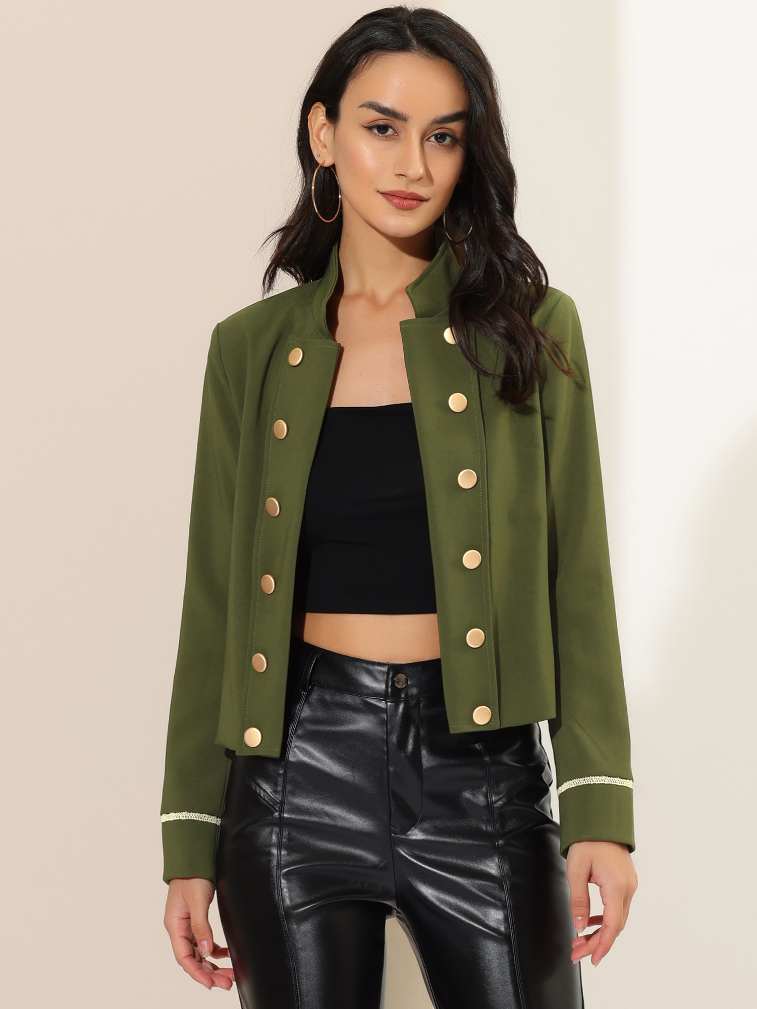 Vintage Steampunk Open Front Button Decor Cropped Jacket Army Green/S