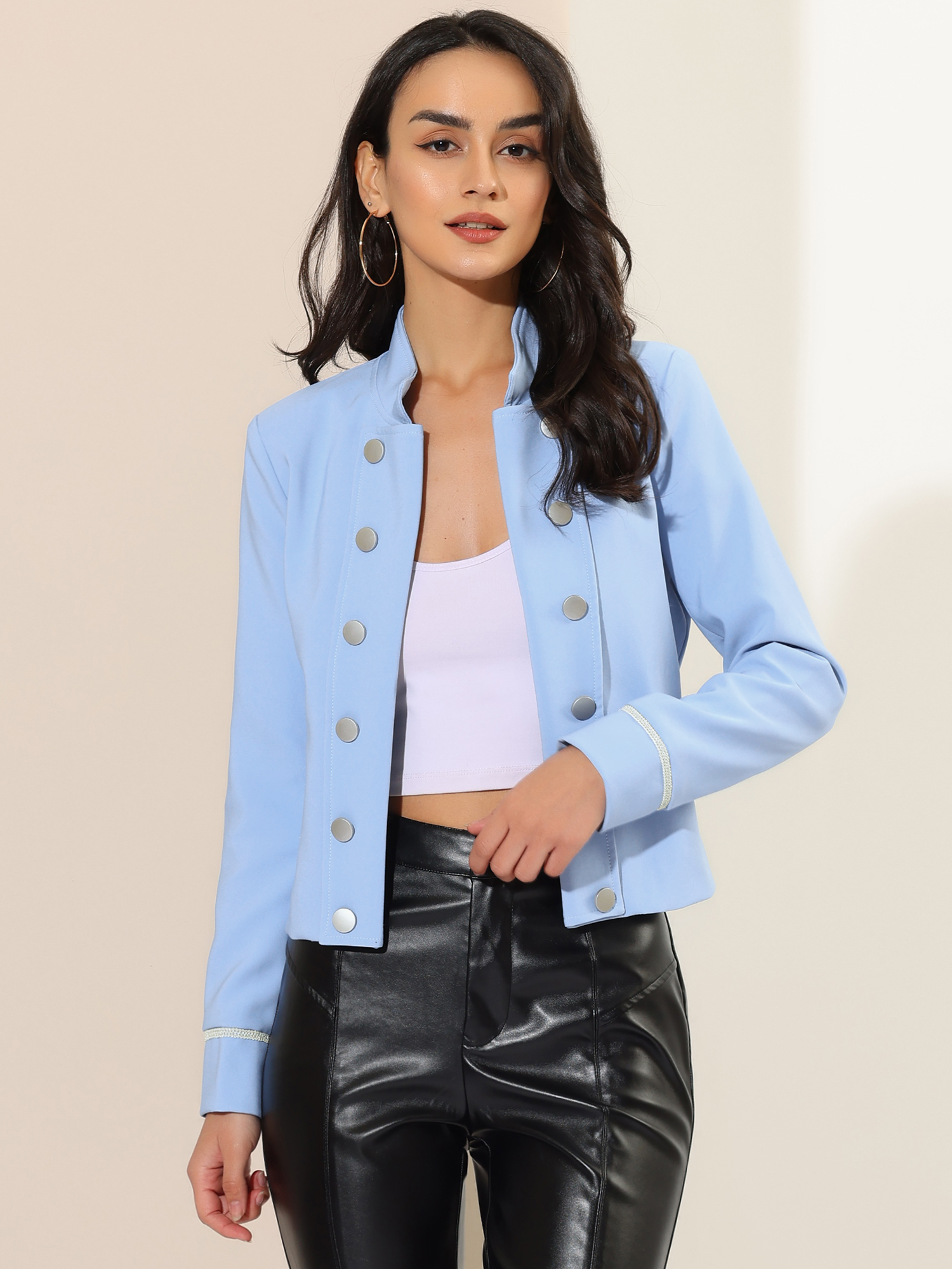 Vintage Steampunk Open Front Button Decor Cropped Jacket Blue Gray/S