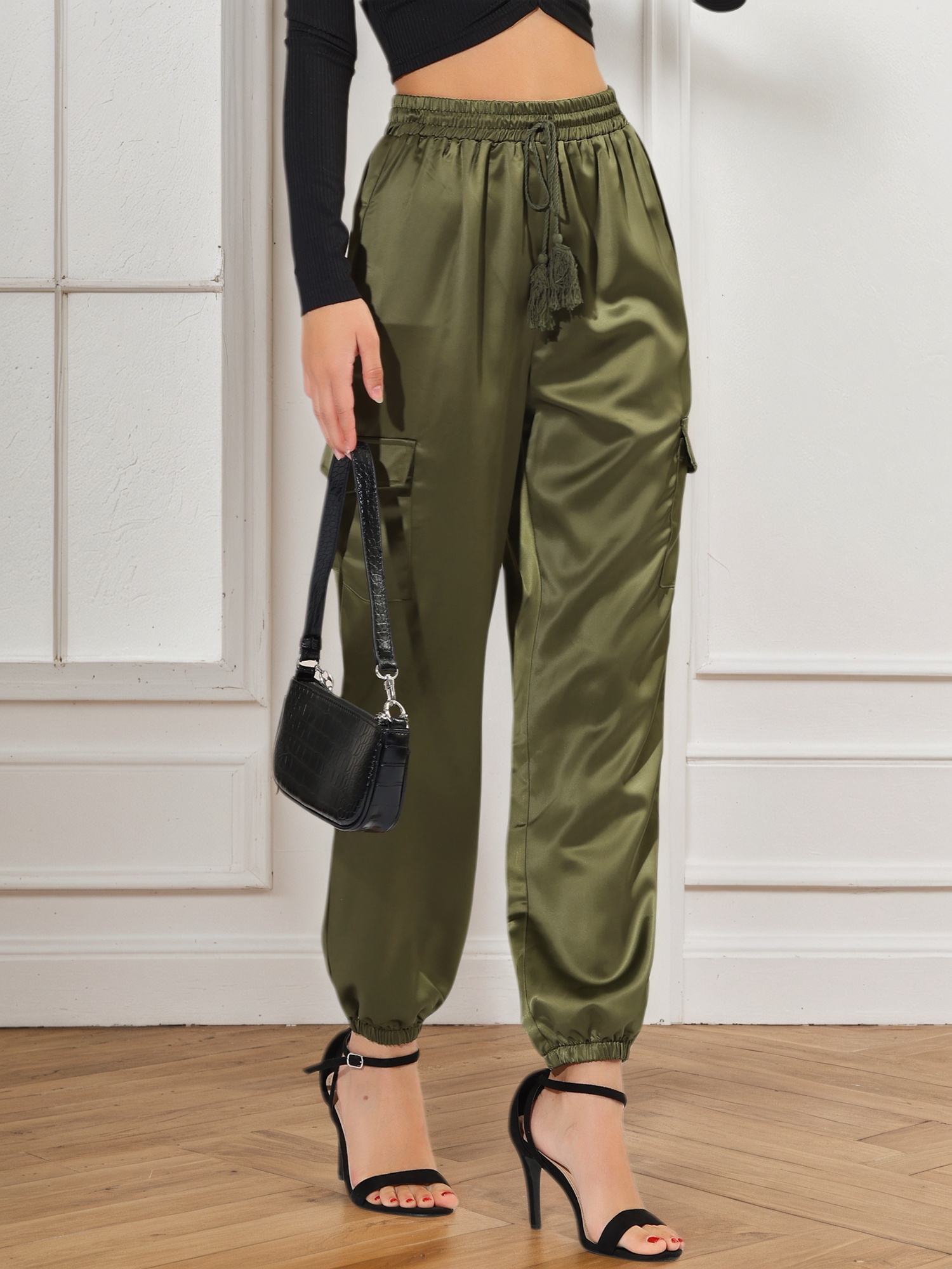 Women's Satin Joggers Drawstring Elastic High Waist Silky Satin Cargo Pants Green/XL