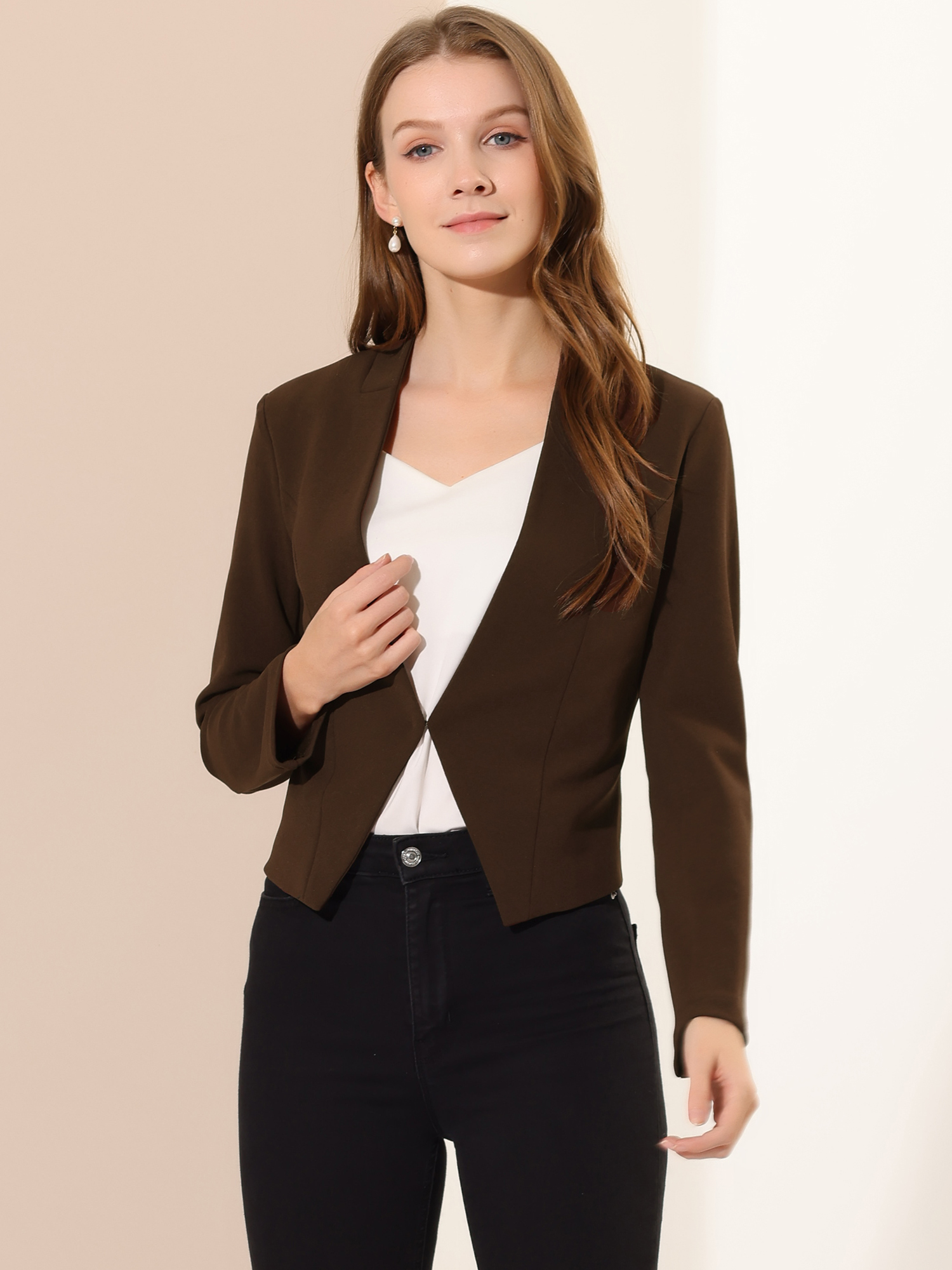 Solid Color Collarless Cropped Office Blazer Jacket Coffee/L