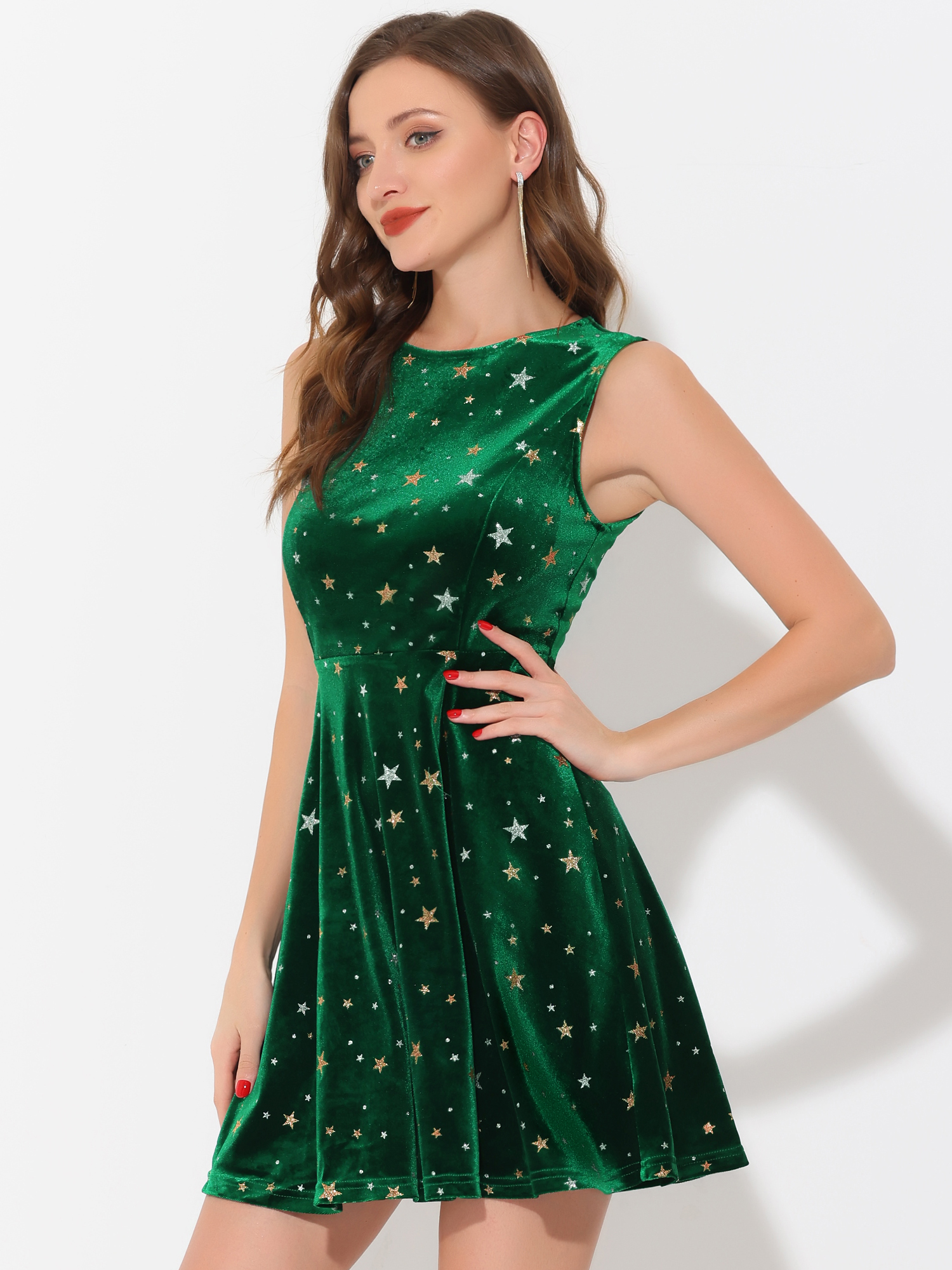 Shiny Stars Print Sleeveless Swing Mini Velvet Dress Dark Green/L