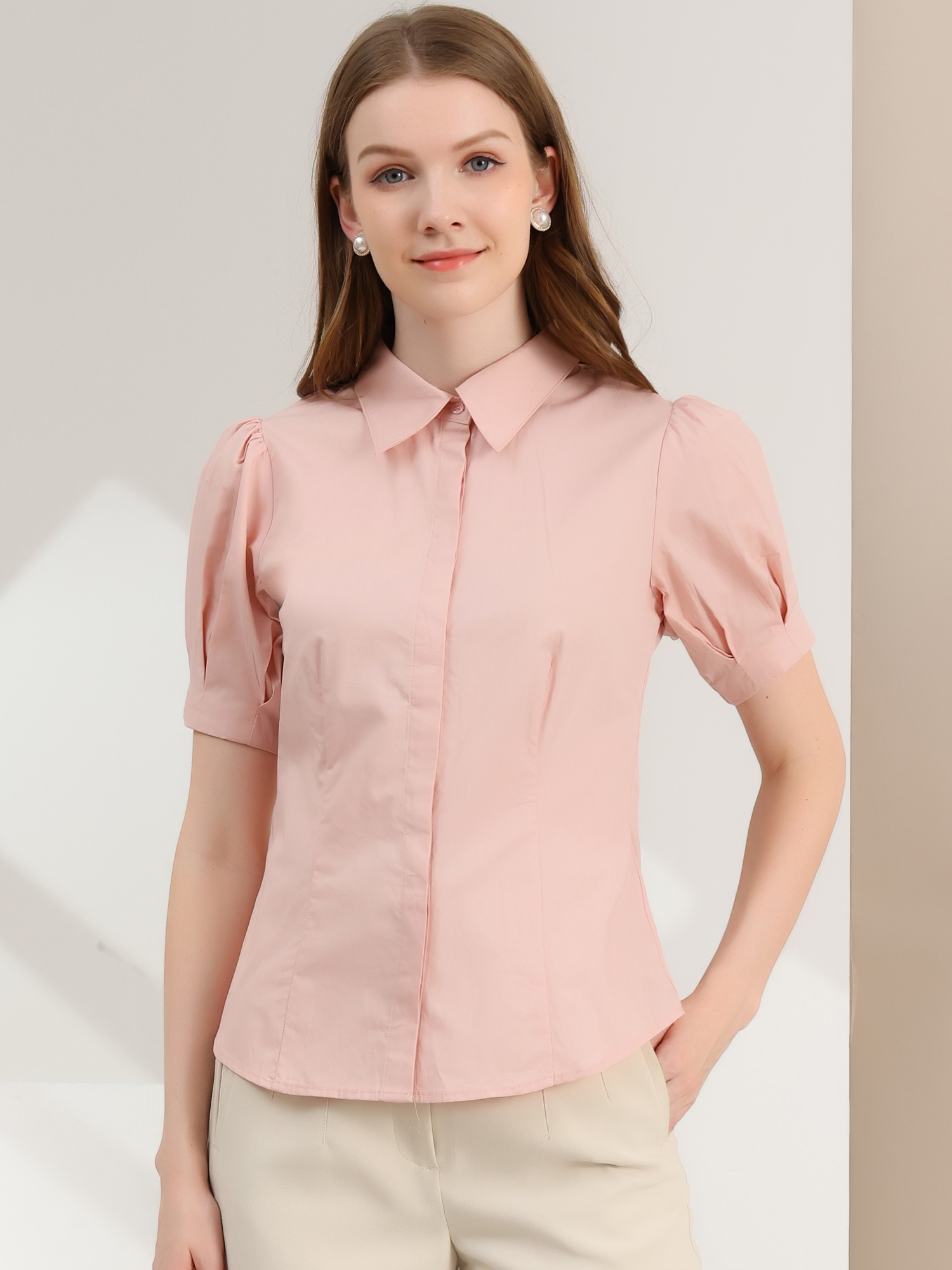 Puff Sleeve Collared Cotton Work Office Button Down Shirt Dusty Pink/S