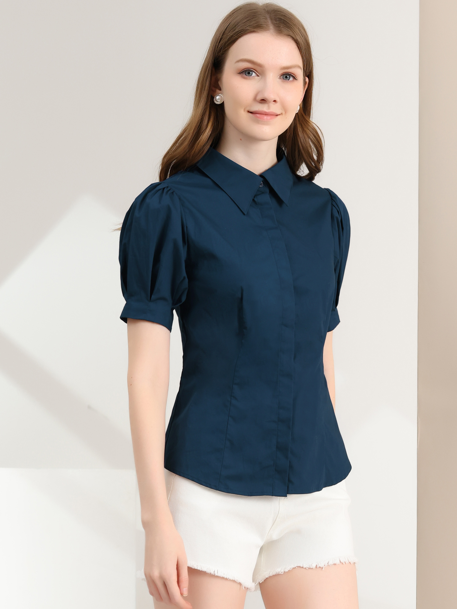 Puff Sleeve Collared Cotton Work Office Button Down Shirt Navy Blue/S