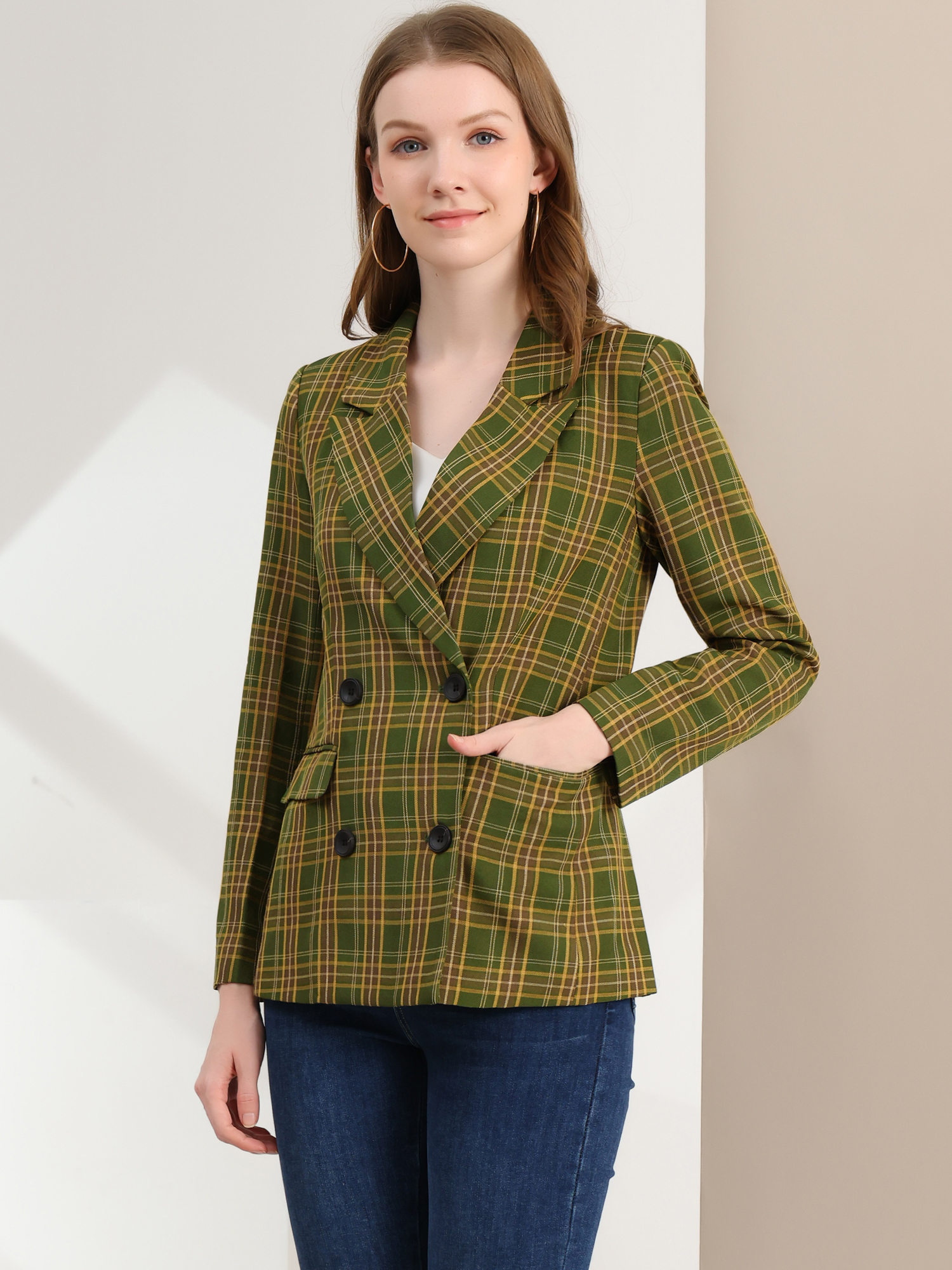 Notched Lapel Double Breasted Work Formal Blazer Yellow Green/M