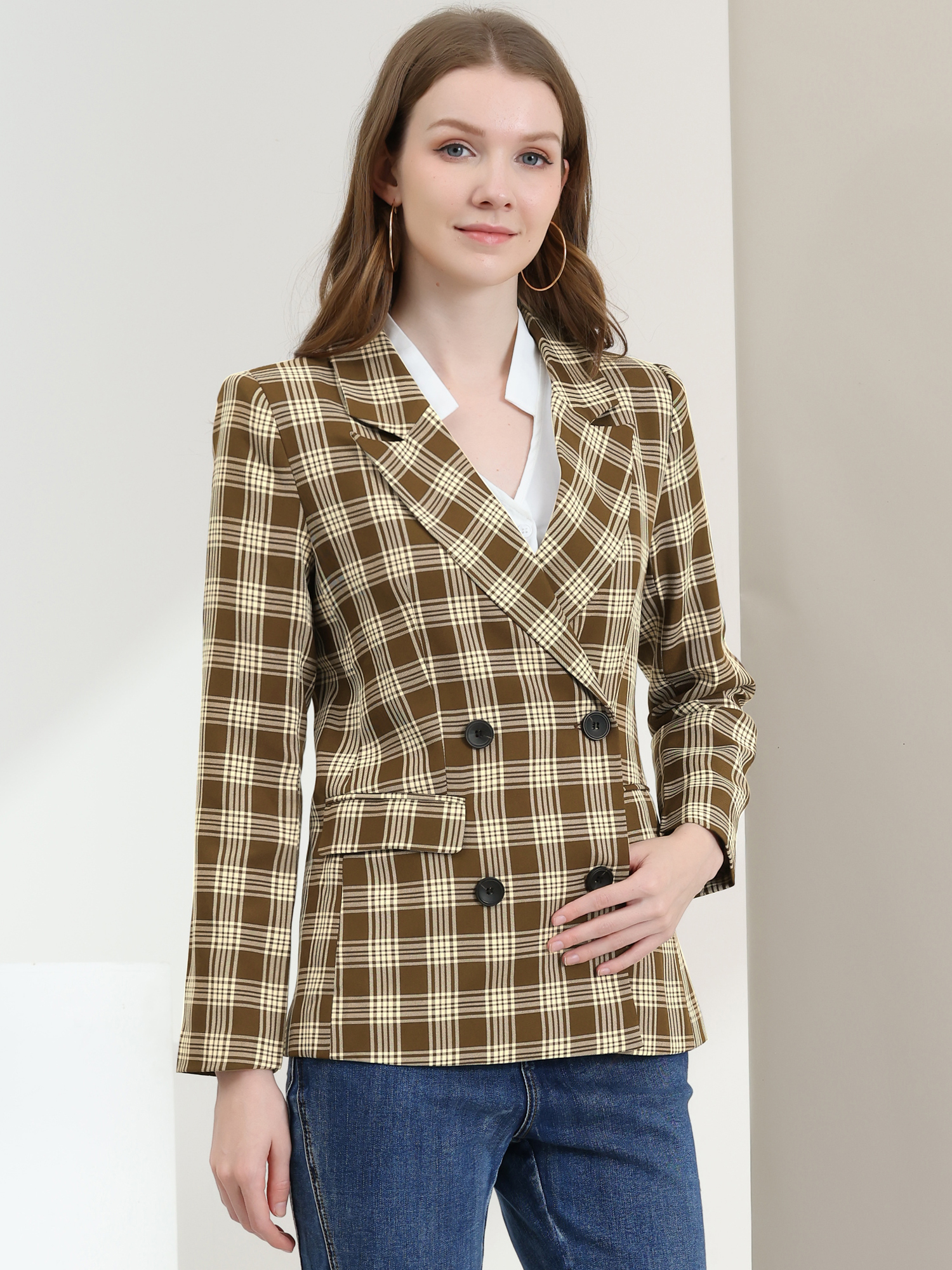 Notched Lapel Double Breasted Work Formal Blazer White Brown/M