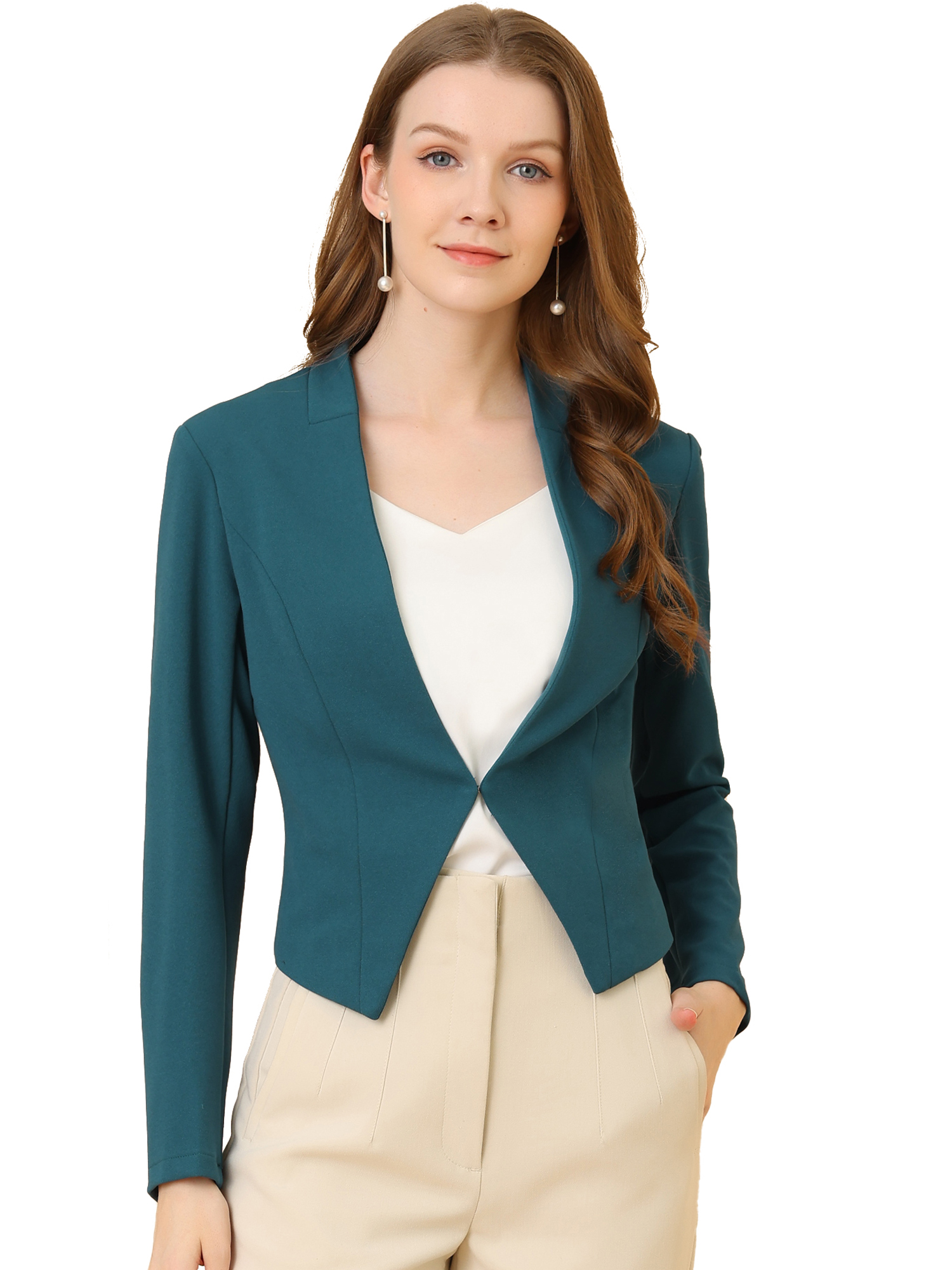 Solid Color Collarless Cropped Office Blazer Jacket Peacock Blue/XL