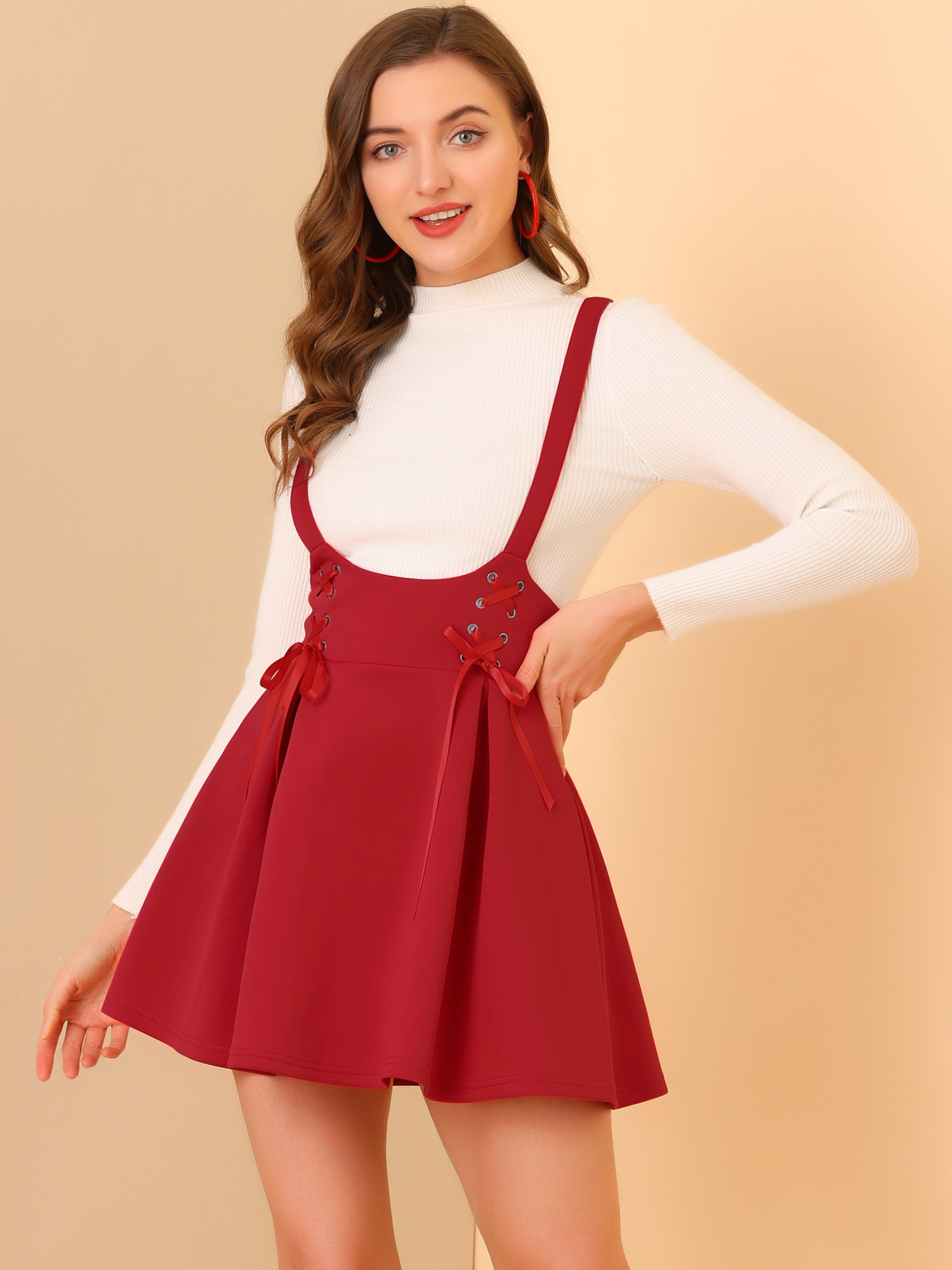 High Waist Brace A-Line Mini Lace Up Suspender Skirt Red/L