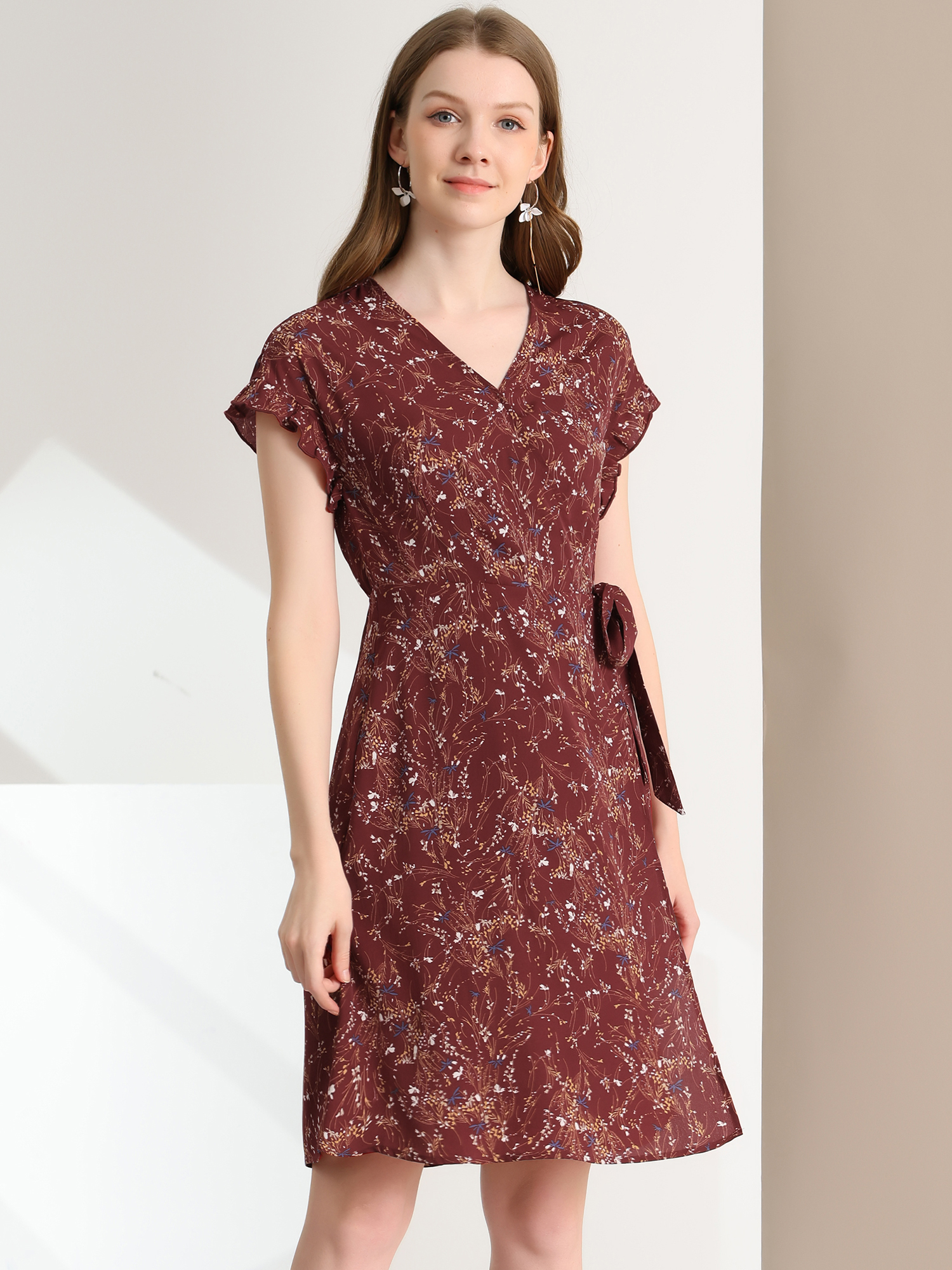 Allegra – Ditsy Floral V Neck Ruffle Flutter Sleeve Midi Wrap Dress Burgundy/XS