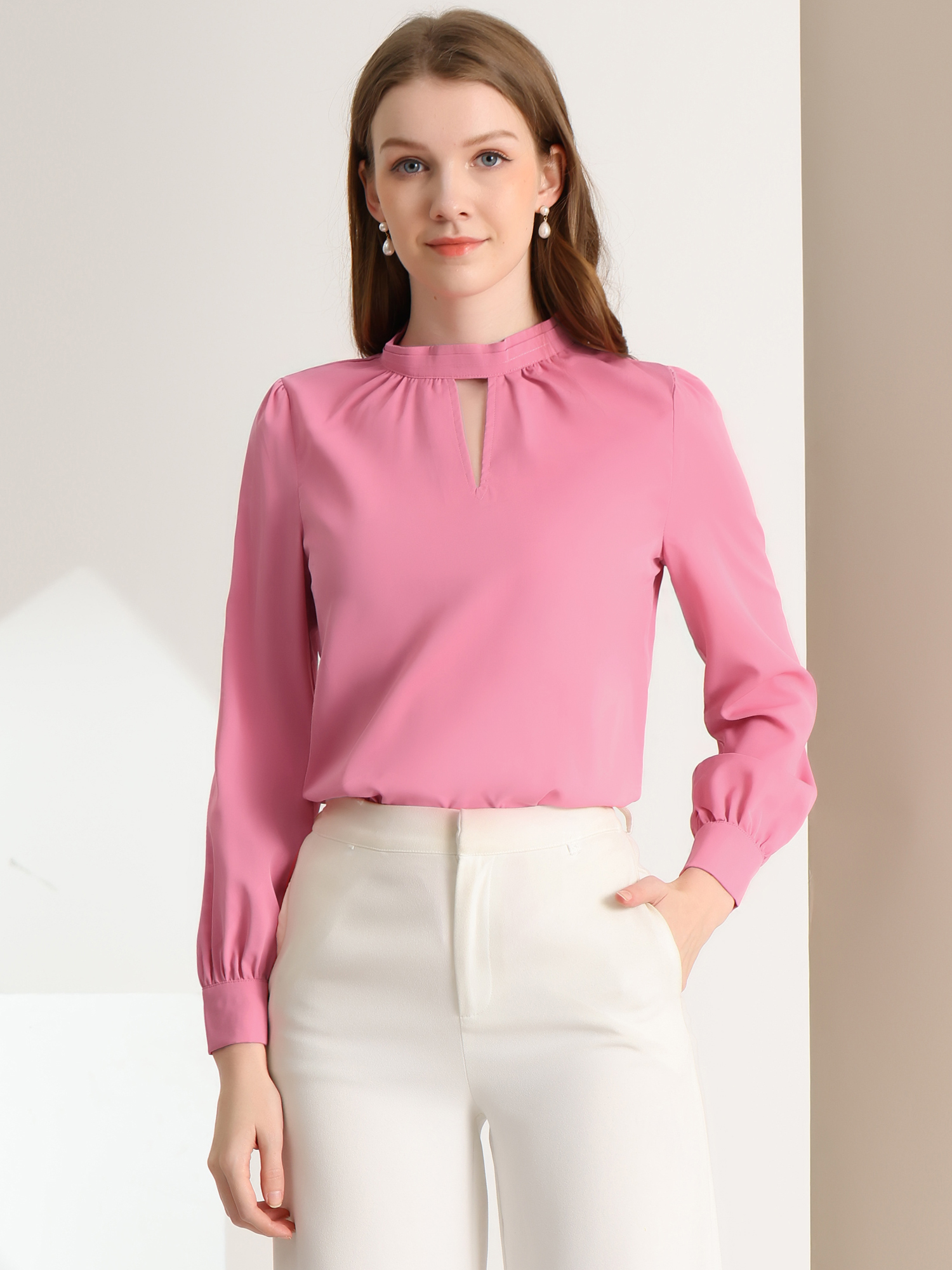 Work Keyhole Shirt Stand Collar Long Sleeve Chiffon Blouse Rose Pink/M