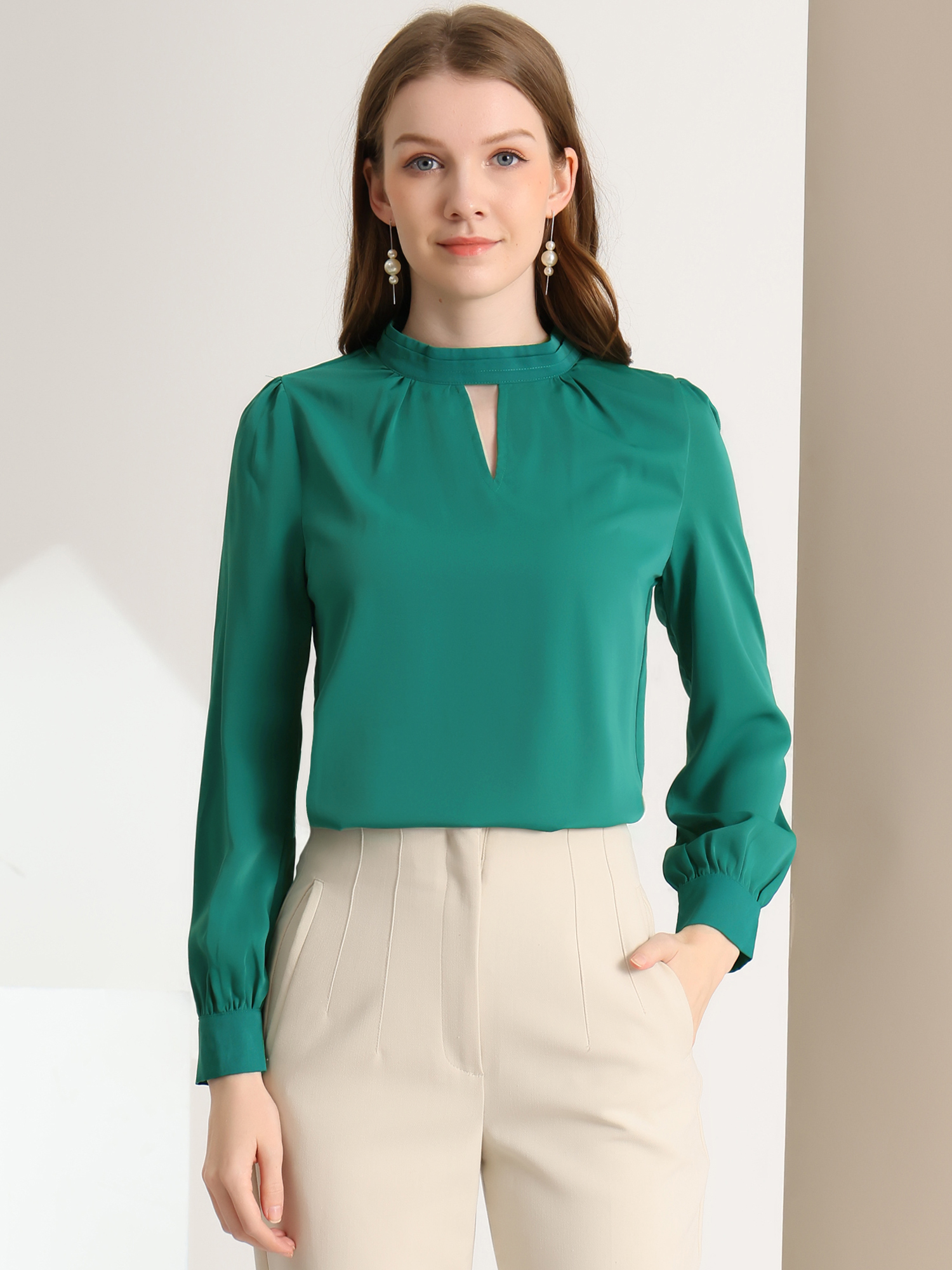 Work Keyhole Shirt Stand Collar Long Sleeve Chiffon Blouse Lake Blue/L
