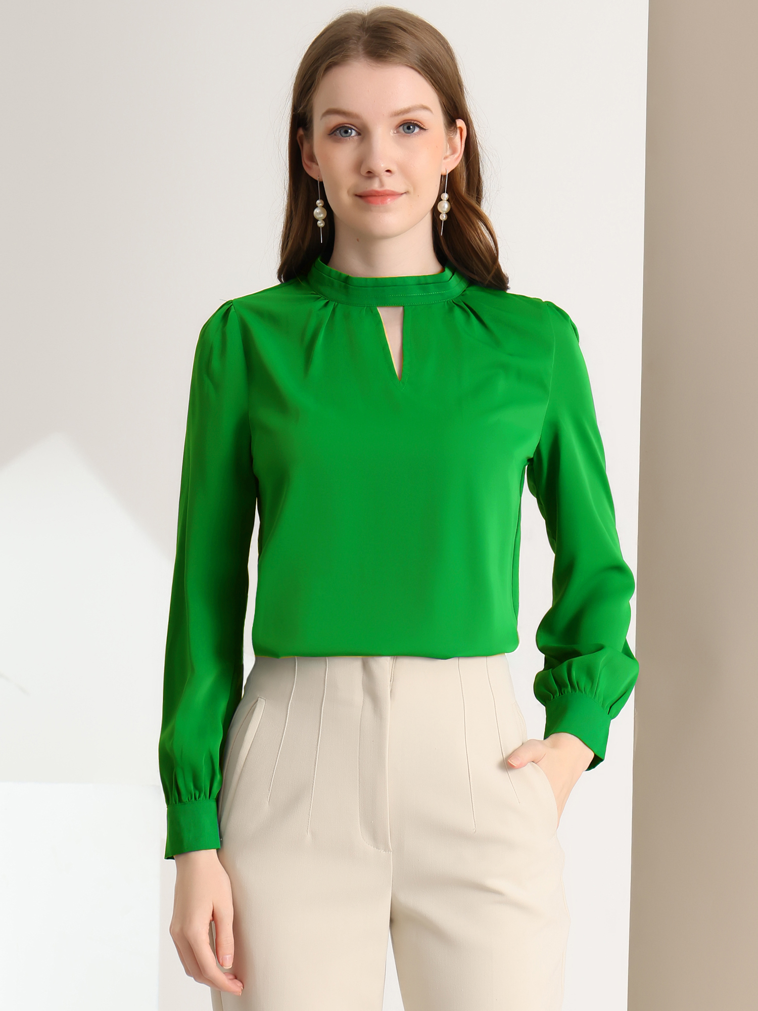 Work Keyhole Shirt Stand Collar Long Sleeve Chiffon Blouse Green-1/S