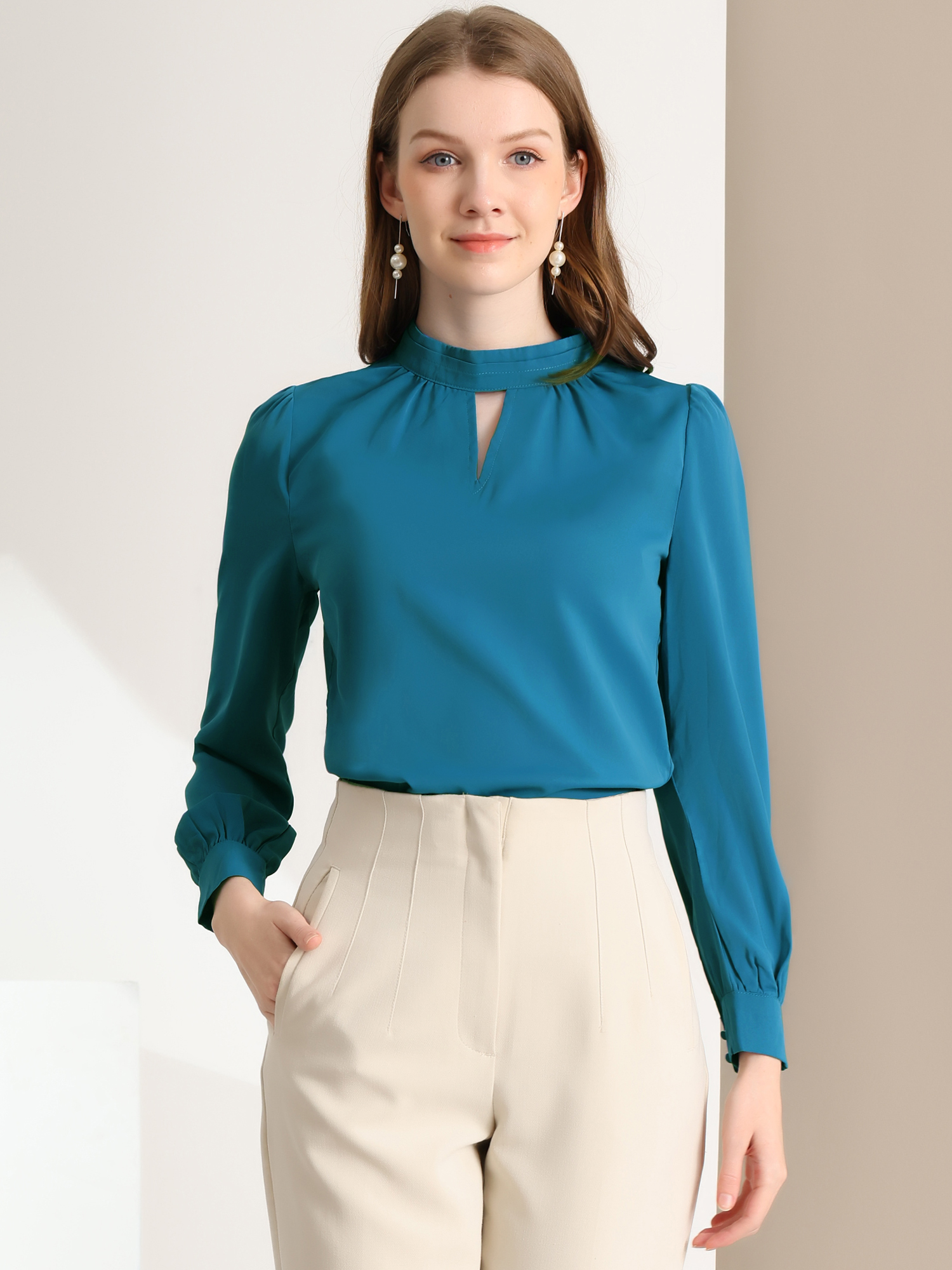 Work Keyhole Shirt Stand Collar Long Sleeve Chiffon Blouse Peacock Blue/S