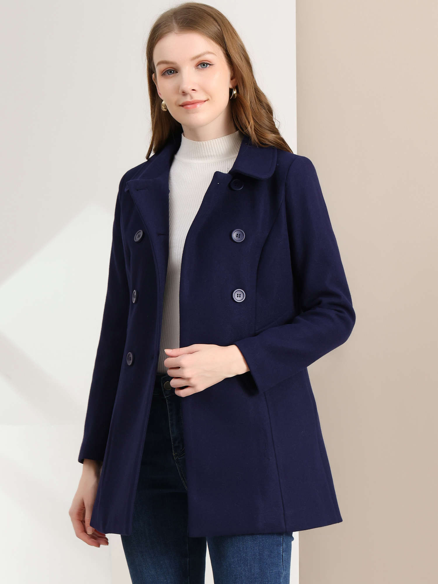 Peter Pan Collar Double Breasted Long Trench Pea Coat Navy Blue/XL