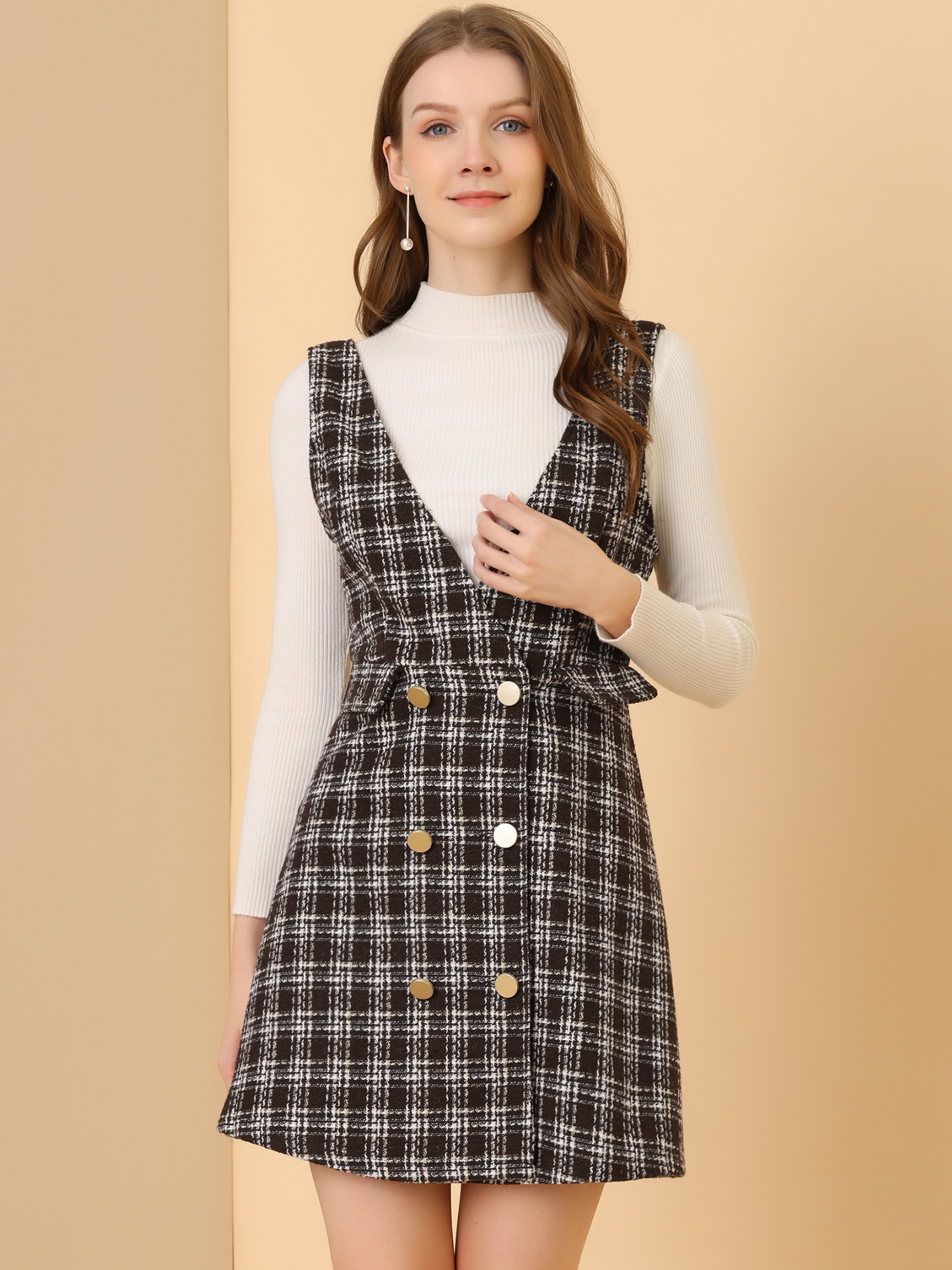 Button Front V Neck Plaid Tweed Overalls Pinafore Dress Brown/XL