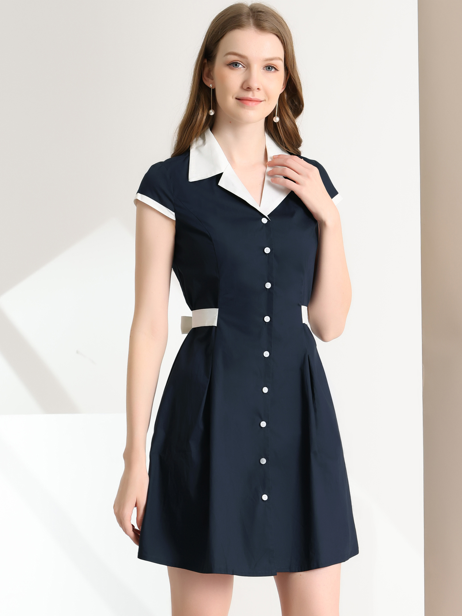 Retro Button Down Flat Collar Belted Office Mini Shirt Dress Navy Blue/L