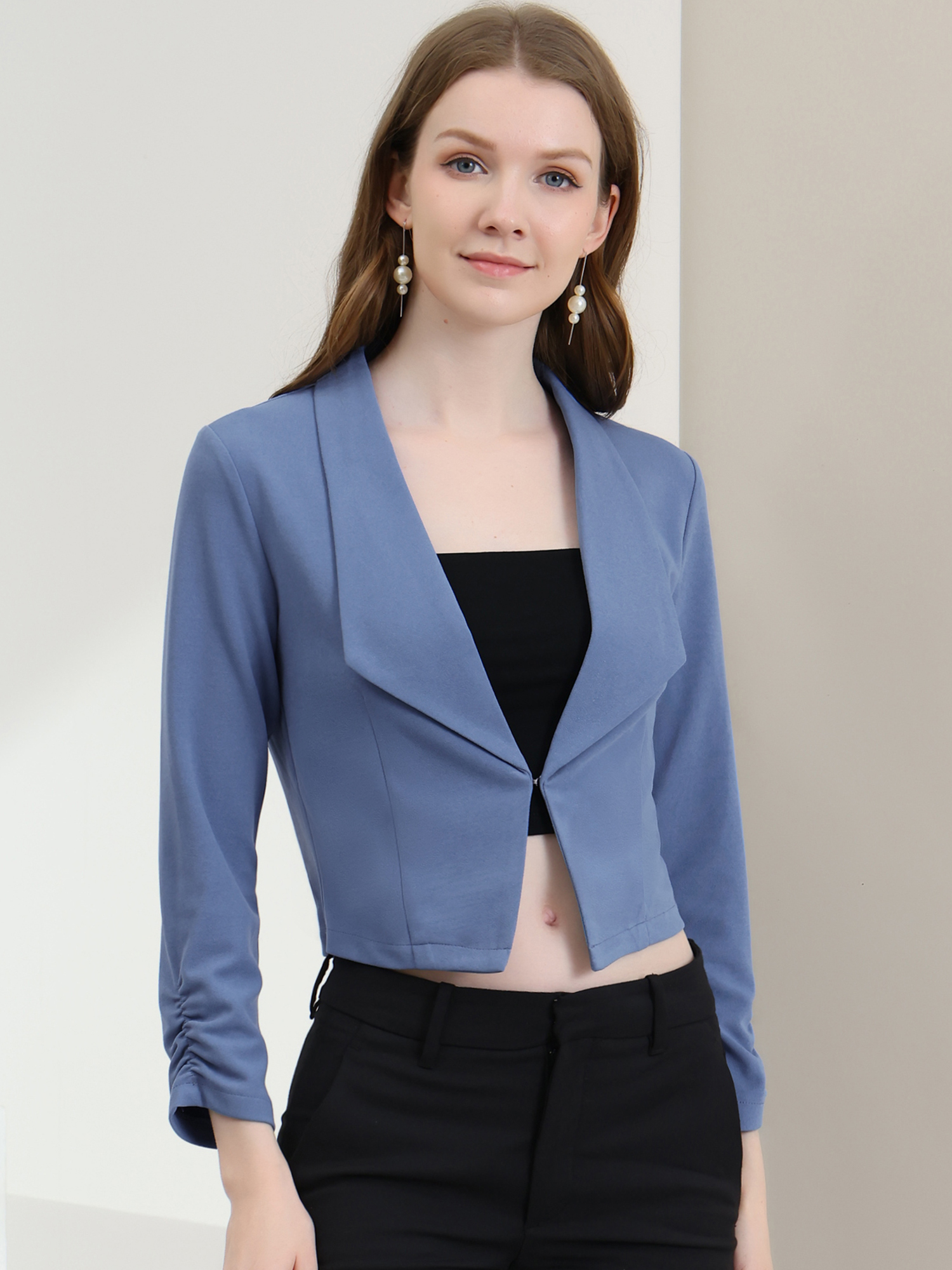 Ruched Sleeve Notched Lapel Business Cropped Blazer Jacket Blue Grey/L