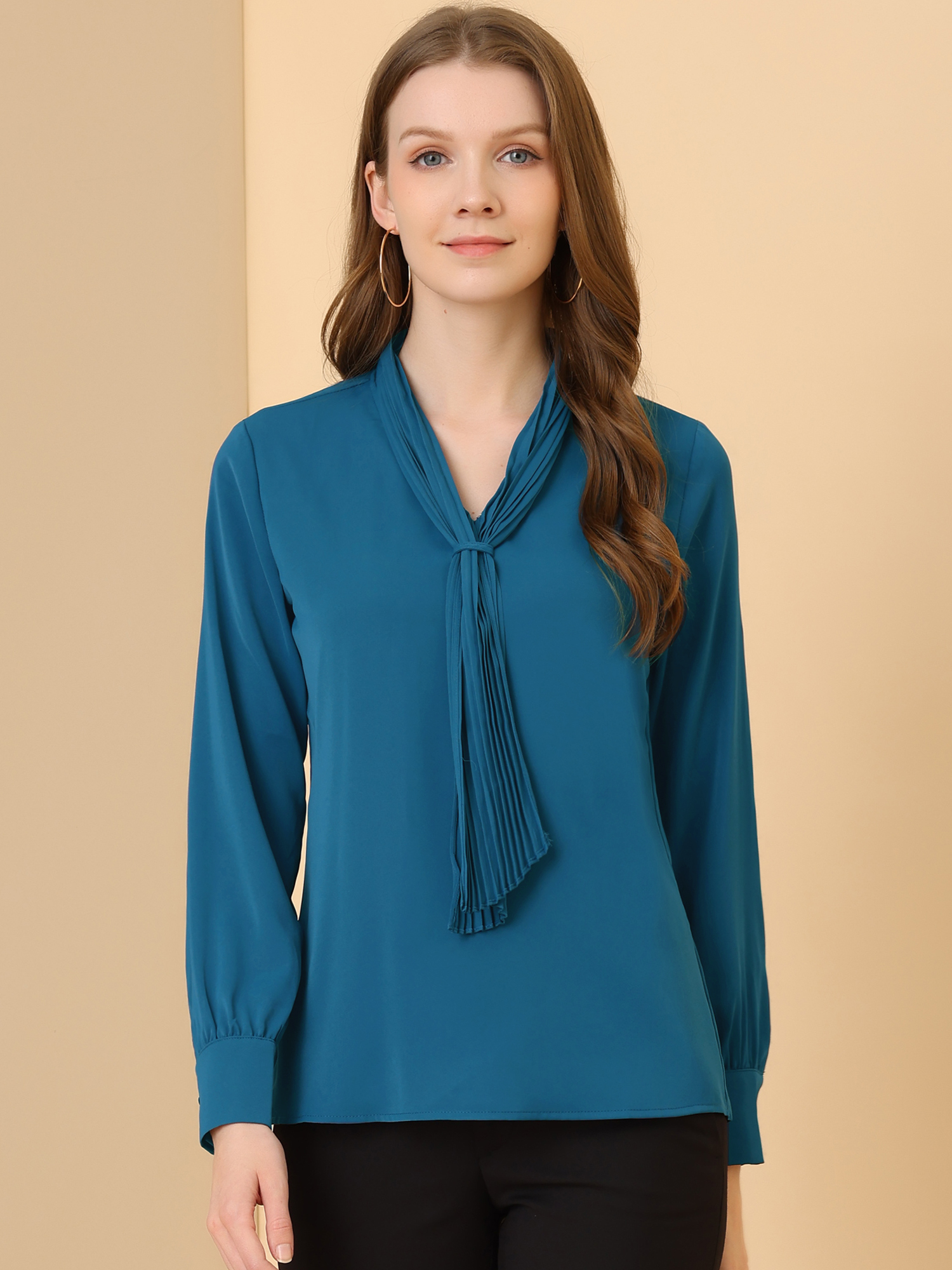 Long Sleeve Chiffon Pleated Tie Neck Office Blouse Peacock Blue/M