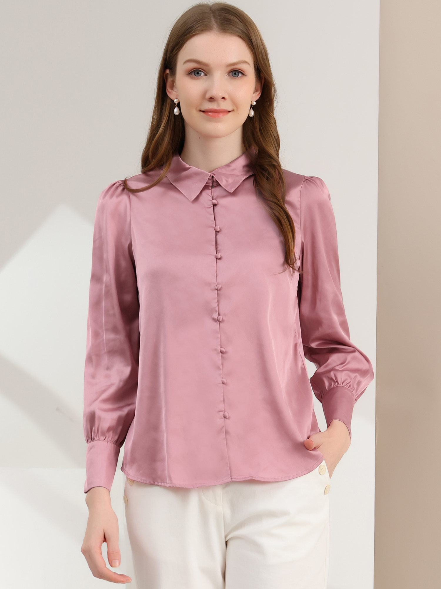 Satin Puff Sleeve Point Collar Vintage Button Up Blouse Dusty Pink/XL