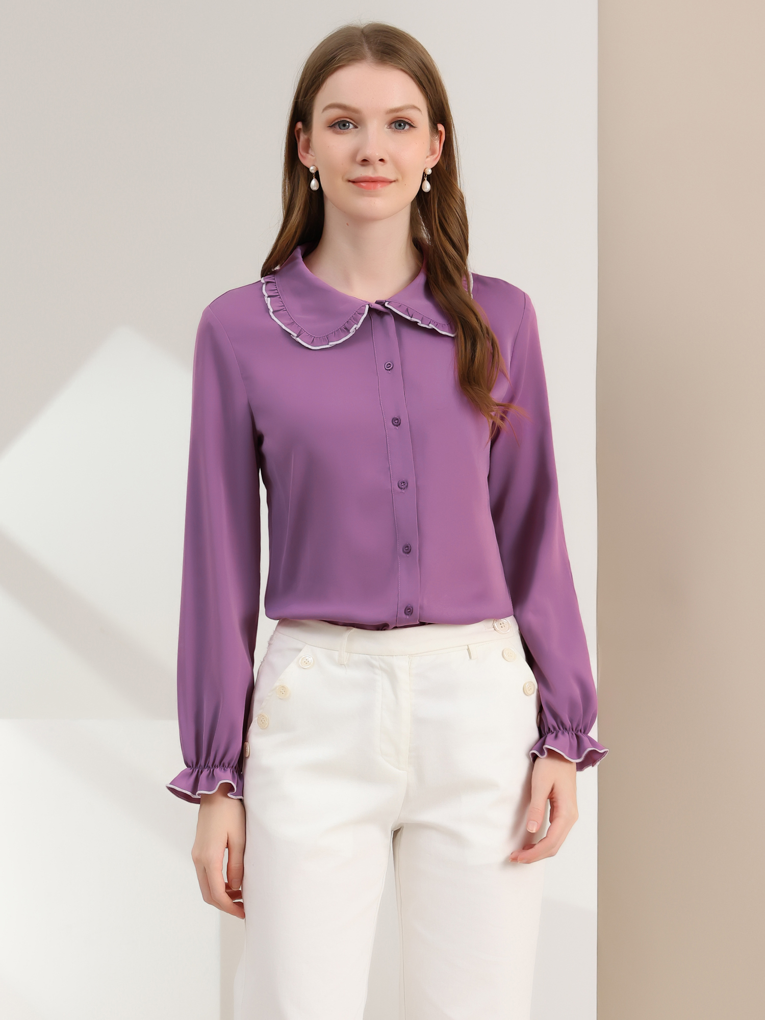 Sweet Ruffle Peter Pan Collar Long Sleeve Button Up Shirt Light Purple/M