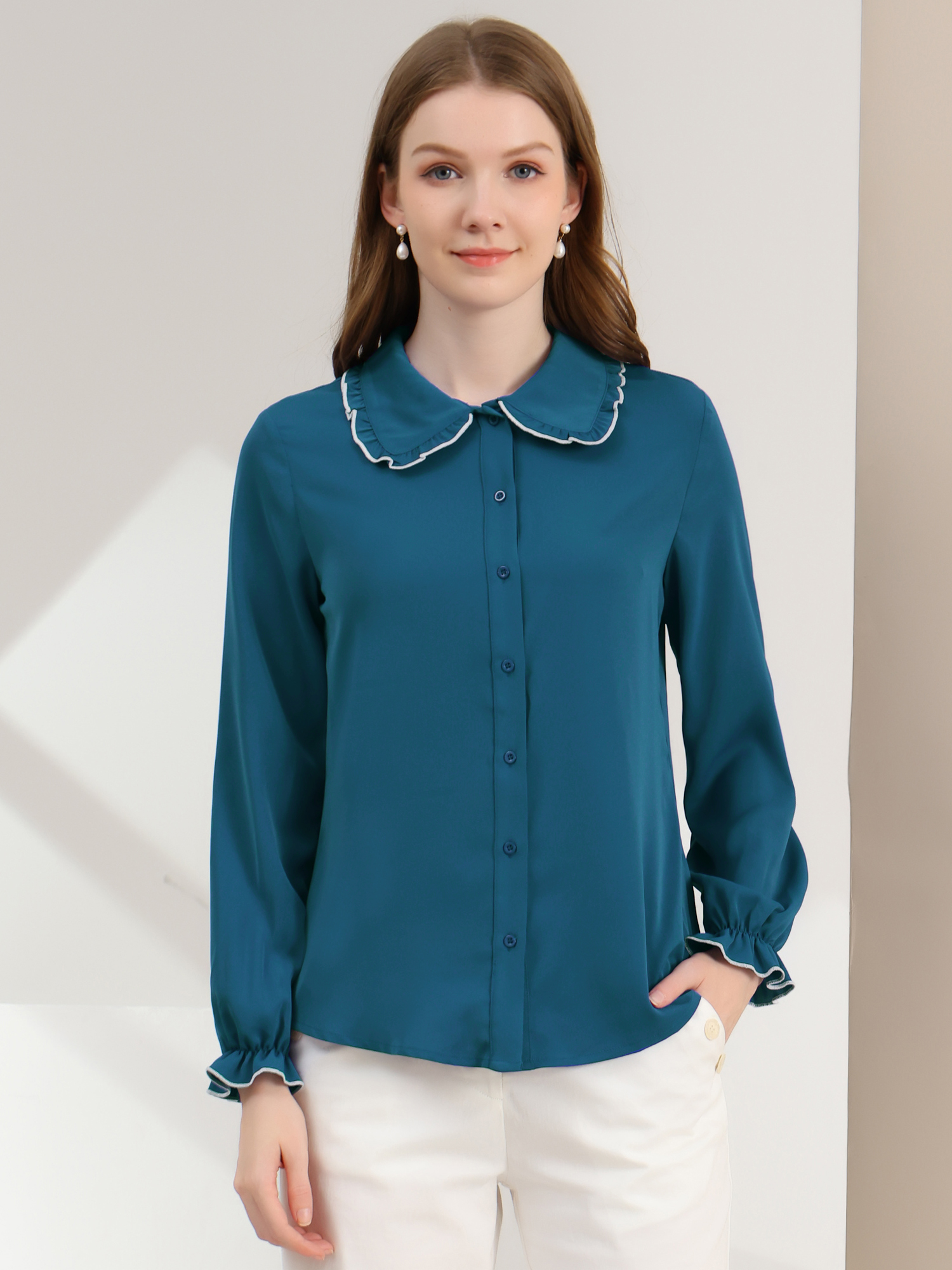 Sweet Ruffle Peter Pan Collar Long Sleeve Button Up Shirt Peacock Blue/M
