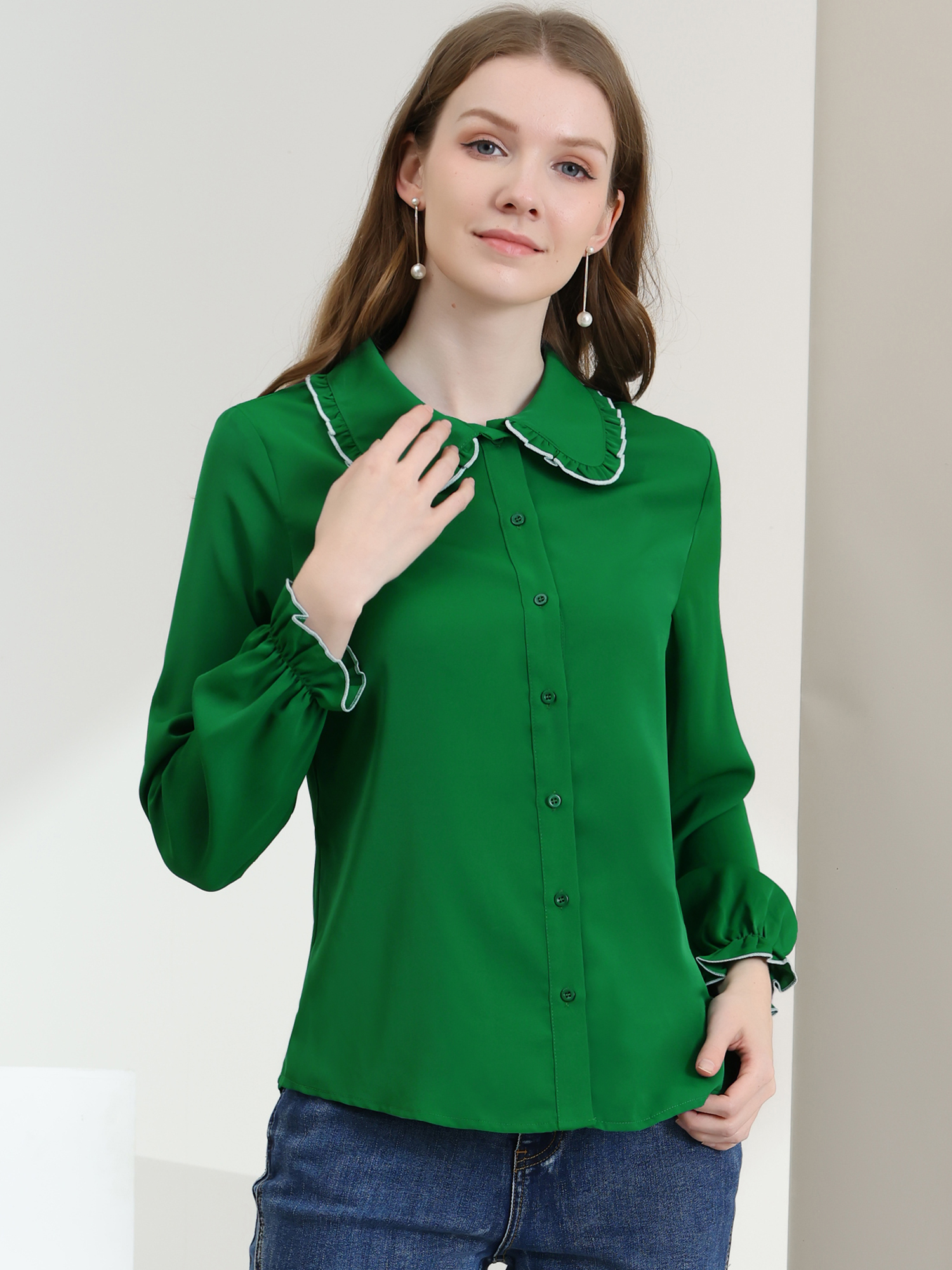 Sweet Ruffle Peter Pan Collar Long Sleeve Button Up Shirt Dark Green/S