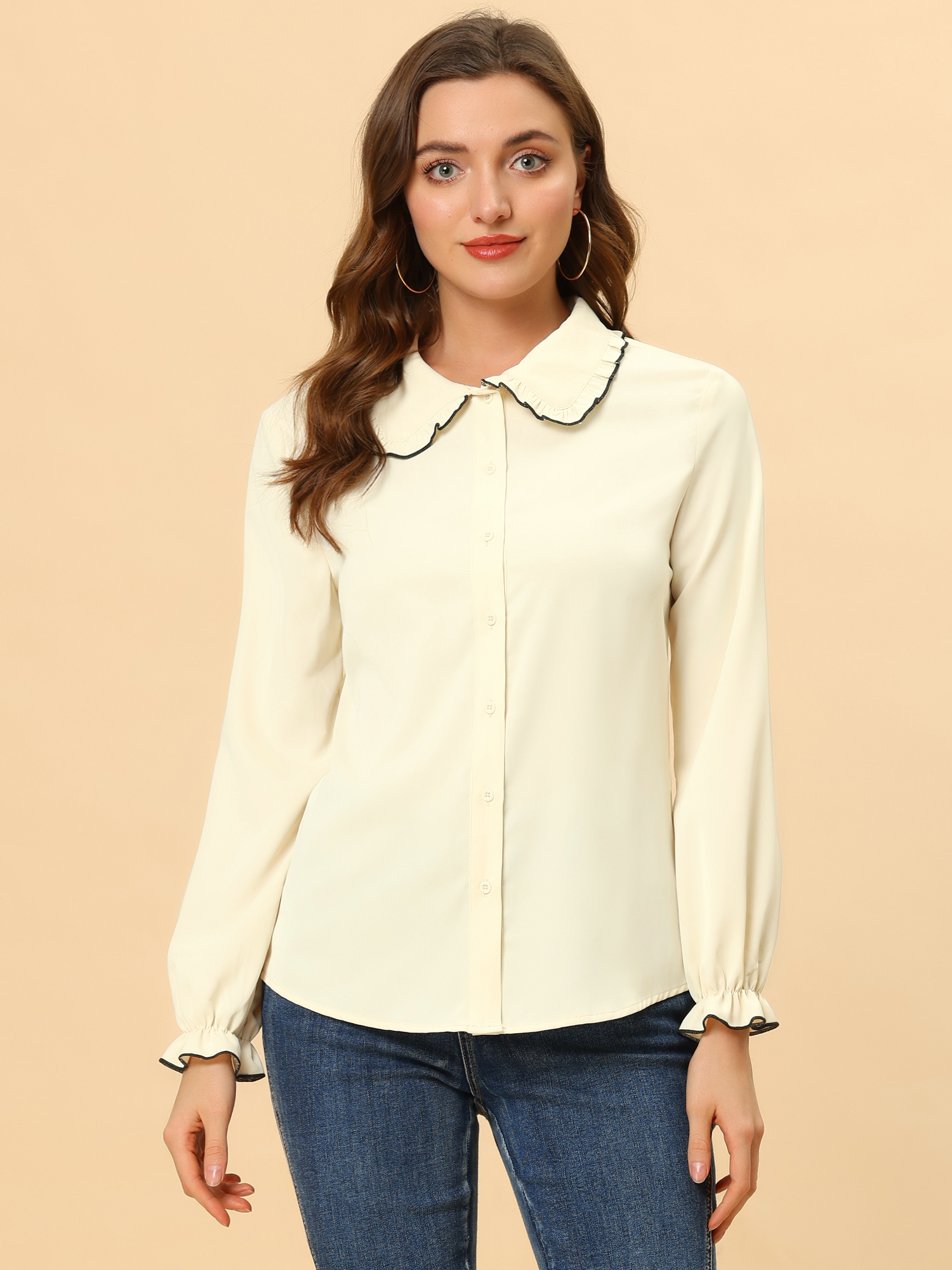Sweet Ruffle Peter Pan Collar Long Sleeve Button Up Shirt Light Apricot/XS