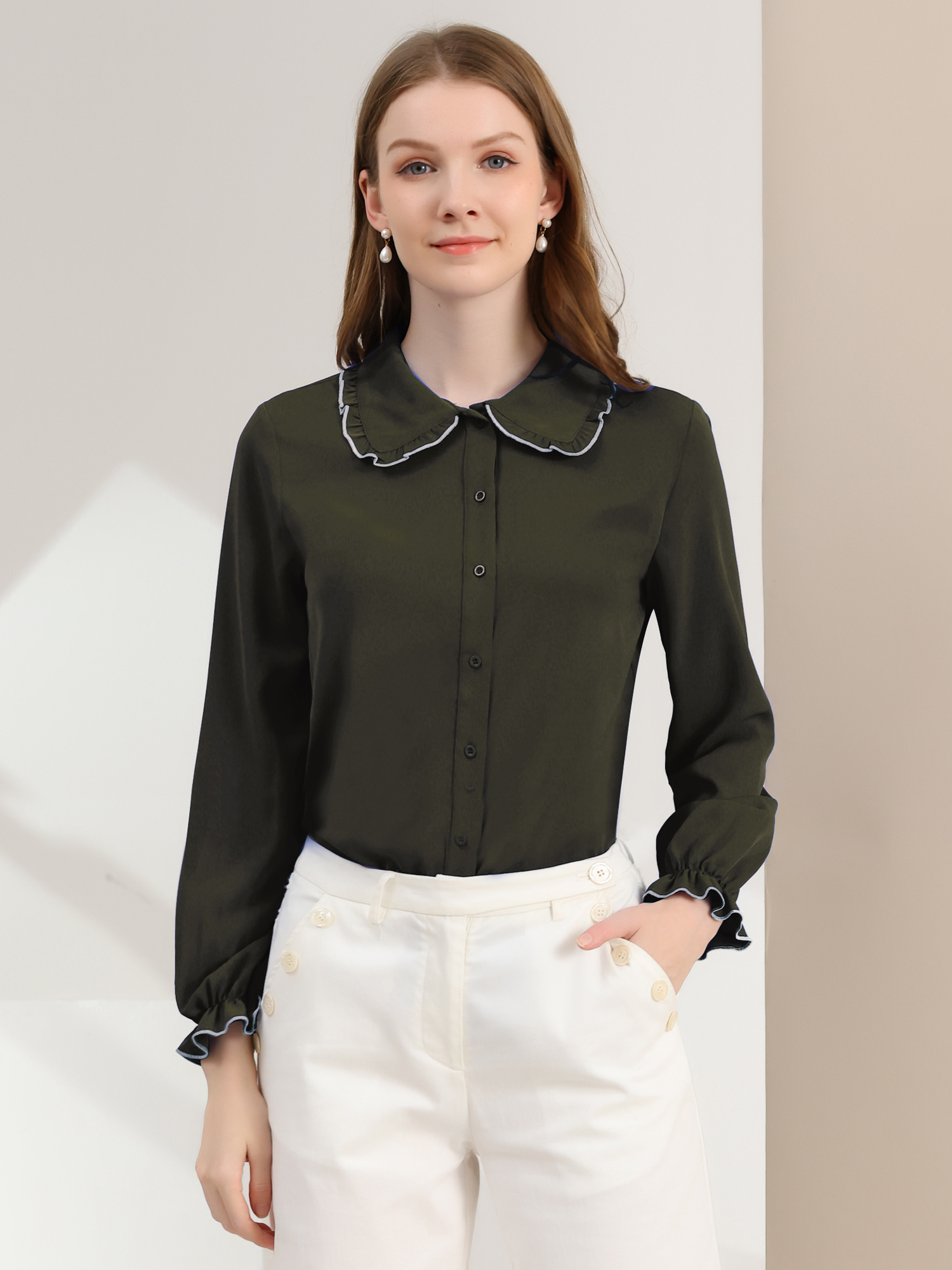 Sweet Ruffle Peter Pan Collar Long Sleeve Button Up Shirt Army Green/XS