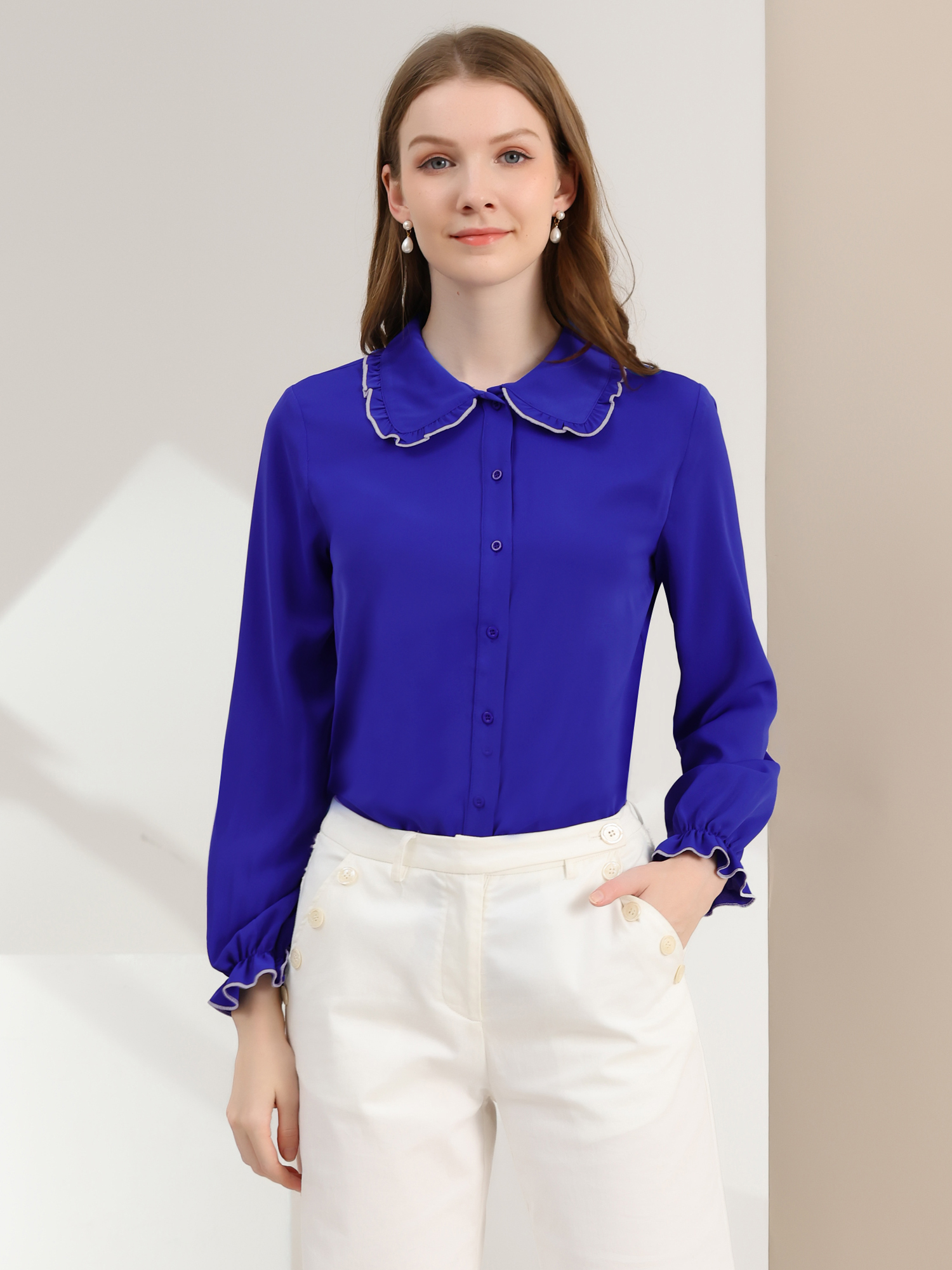 Sweet Ruffle Peter Pan Collar Long Sleeve Button Up Shirt Blue/XS