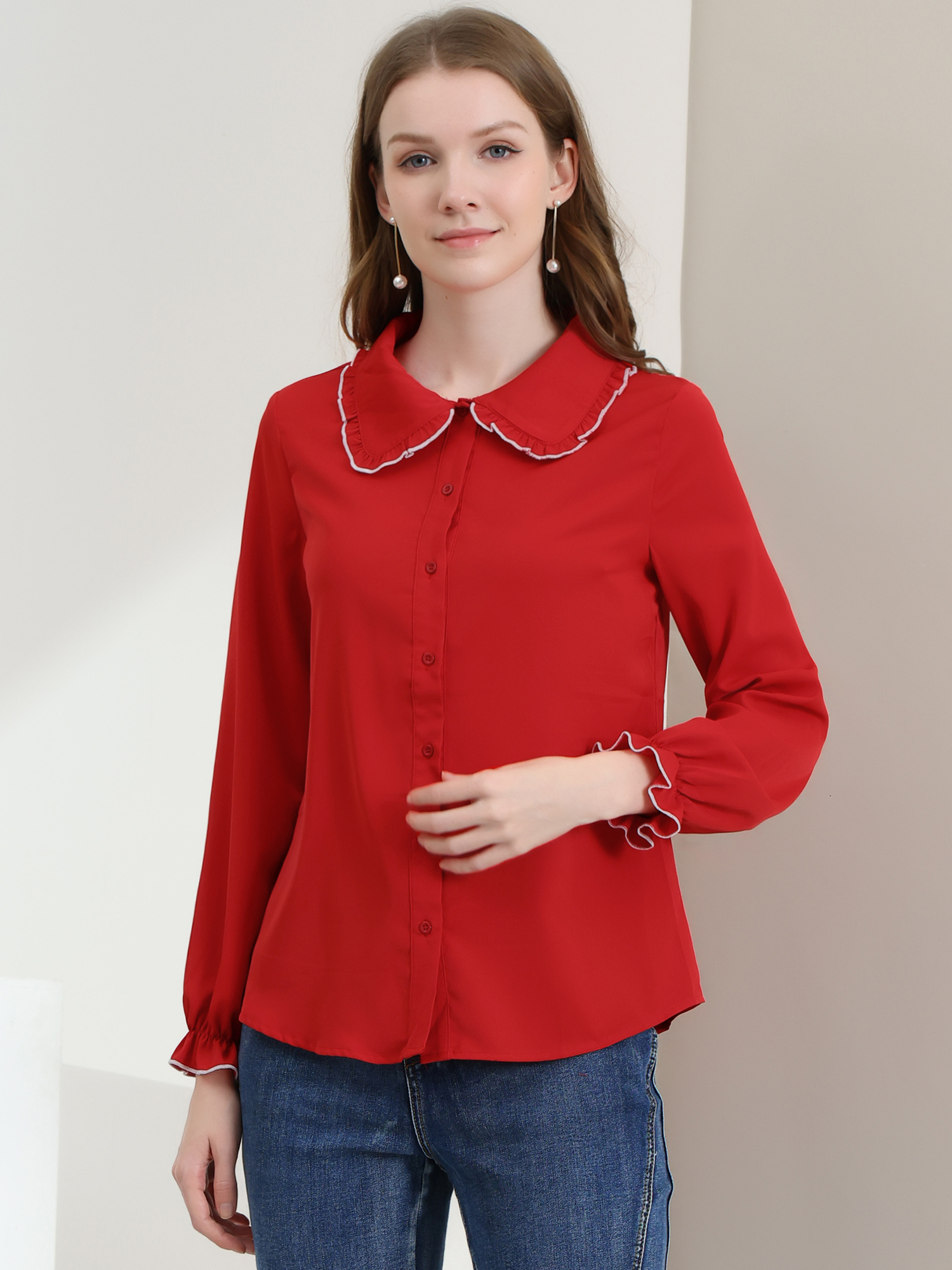 Sweet Ruffle Peter Pan Collar Long Sleeve Button Up Shirt Red/XS