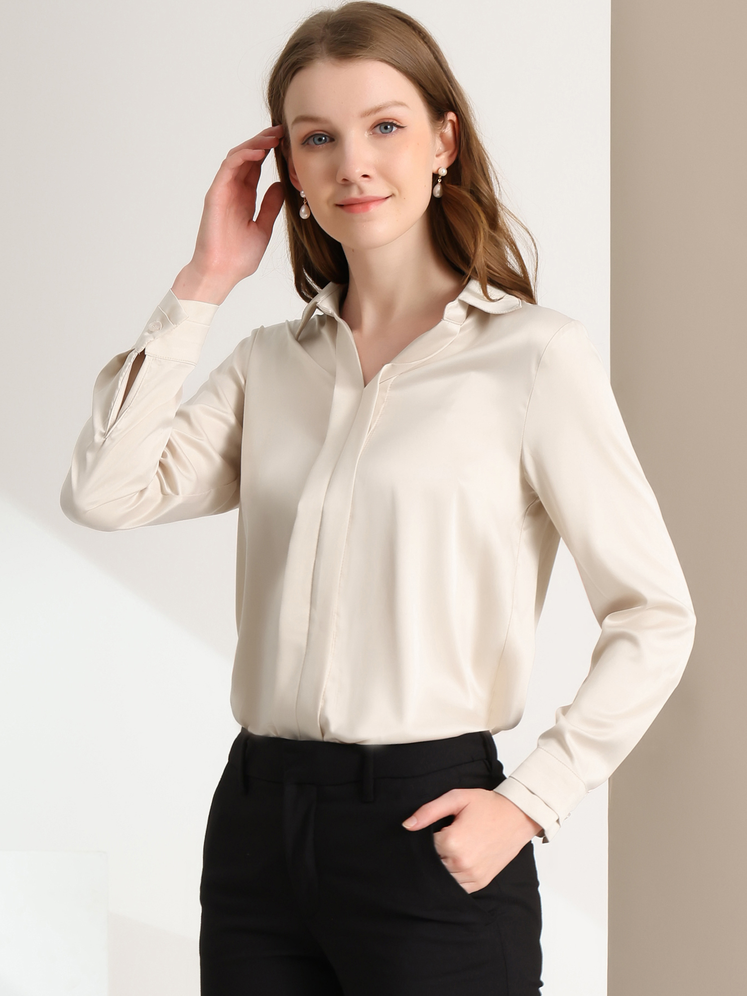 Satin Elegant V Neck Long Sleeve Silky Office Work Blouse Apricot/XL