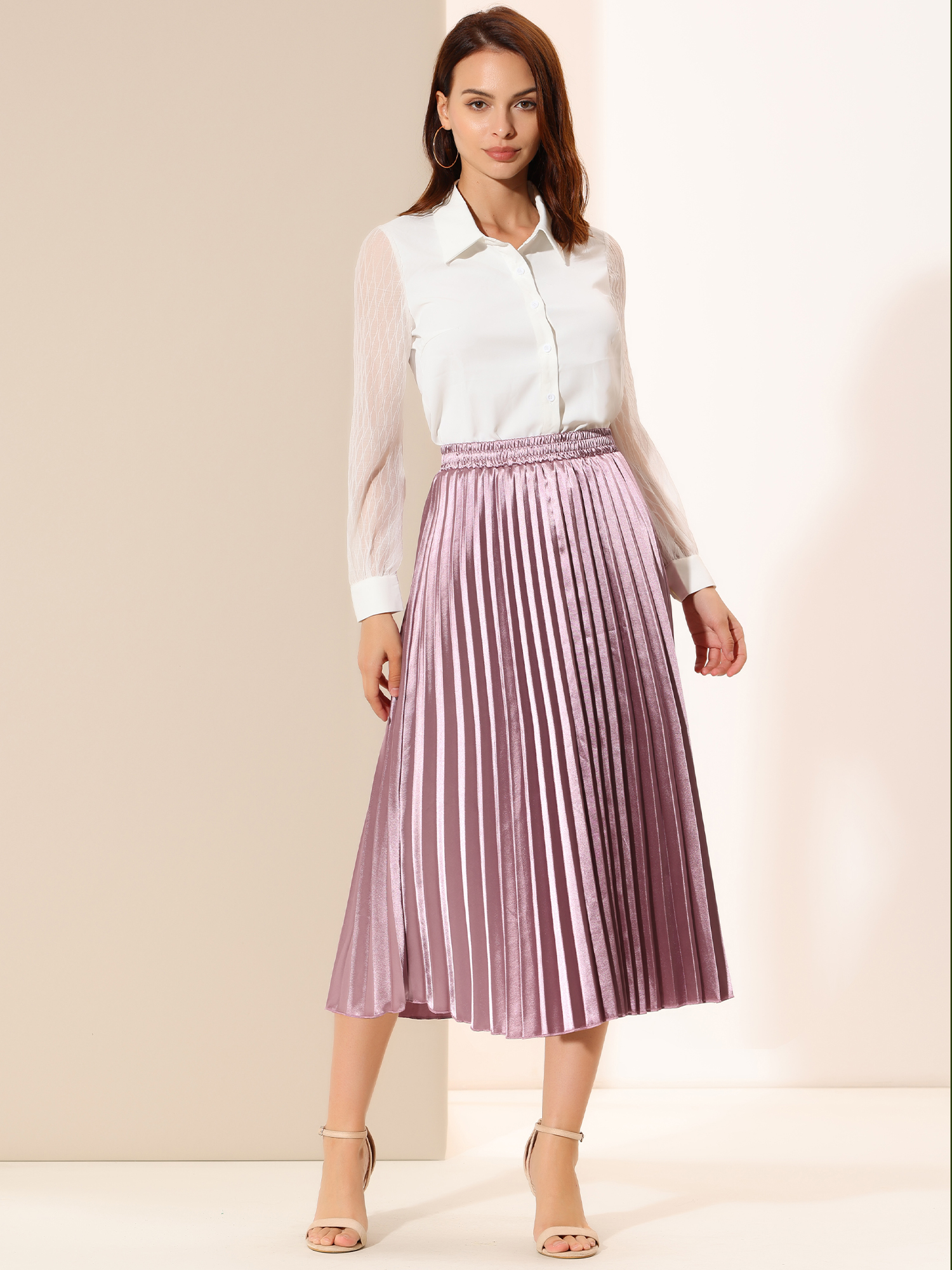 Party Elastic Waist Metallic Shiny Pleated Midi Skirt Rose Purple/S