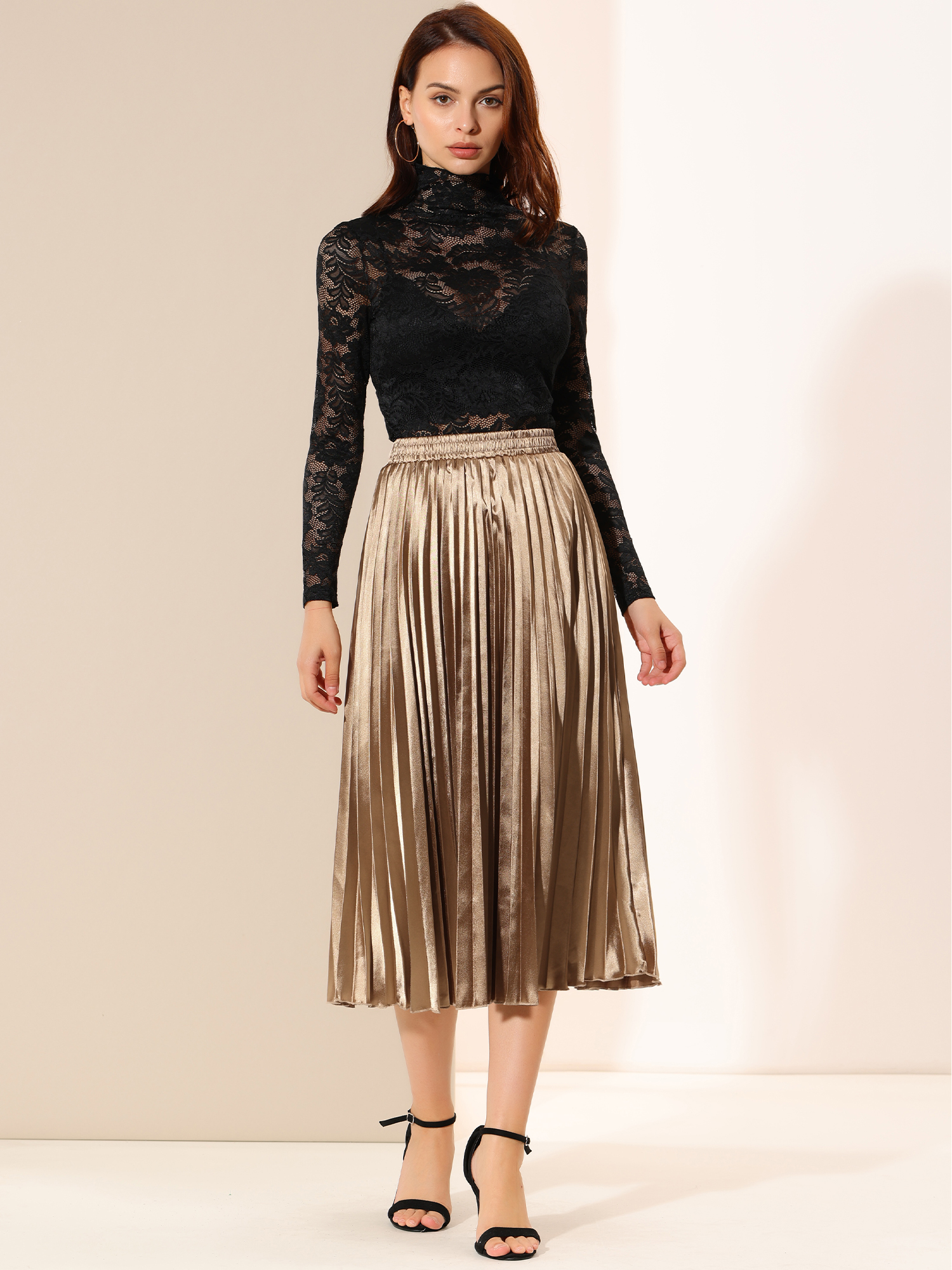 Elastic Waist Metallic Shiny Accordion Pleated Midi Skirt Gold-Brown/XL