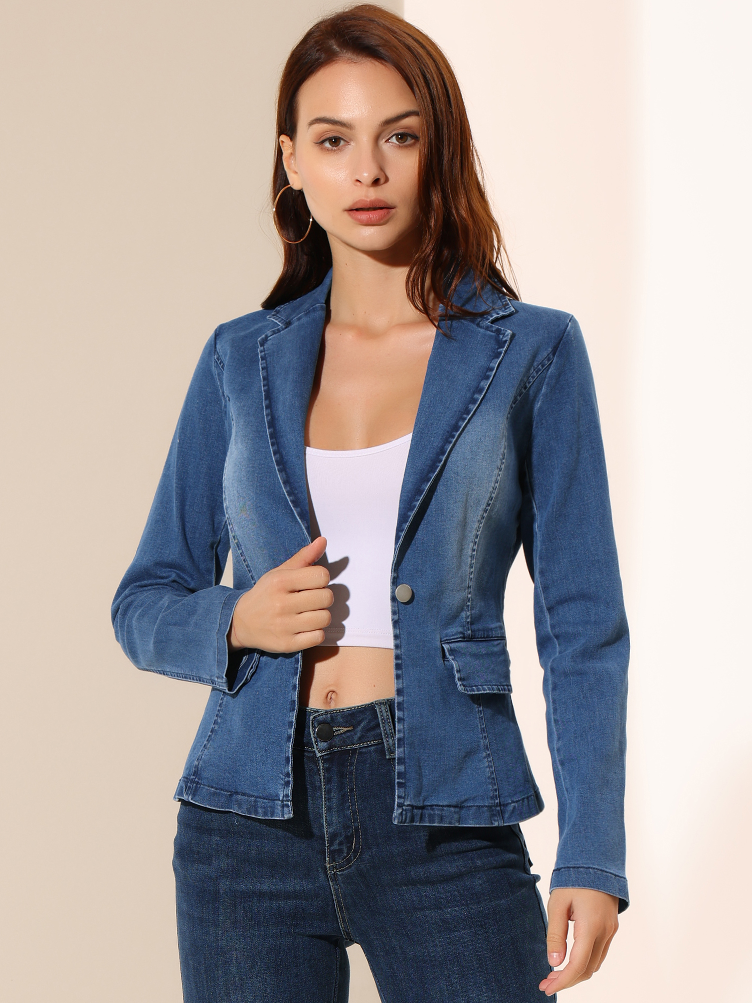Notched Lapel One Button Long Sleeve Business Washed Denim Blazer Mid Blue/S