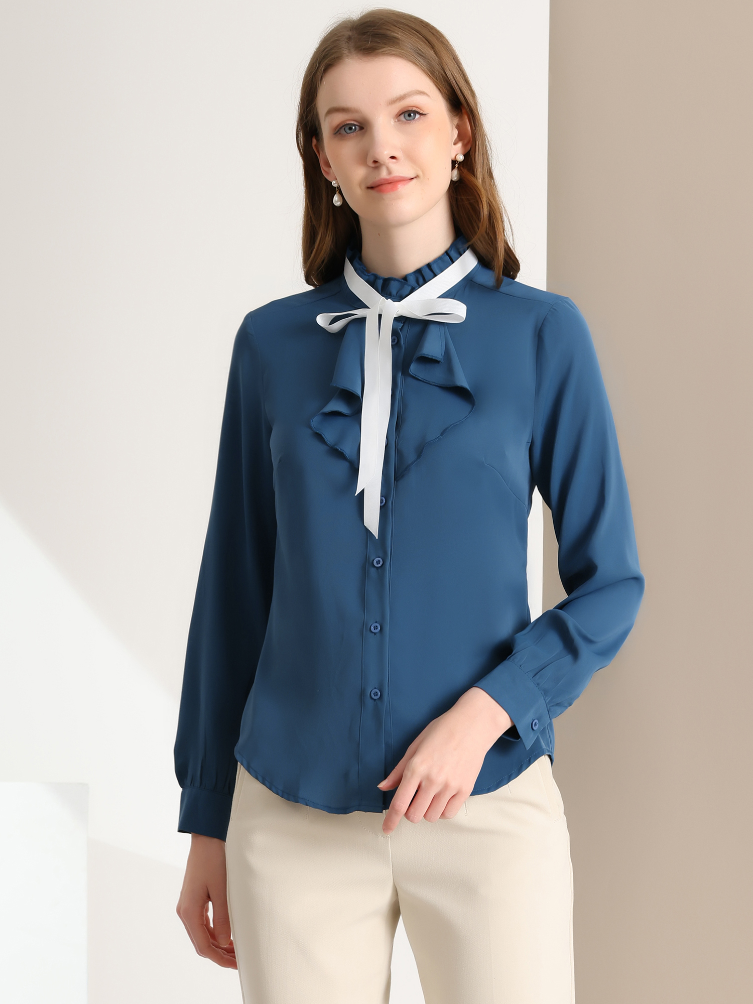 Victorian Gothic Ruffled Lotus Tops Button Down Shirt Blue/XS