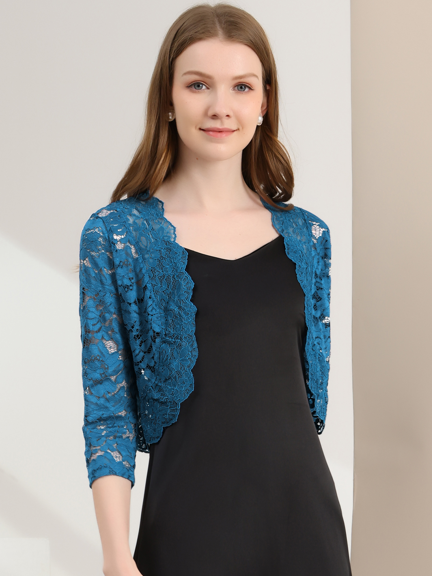 Lace 3/4 Sleeves Sheer Floral Cropped Bolero Shrug Lake Blue/S