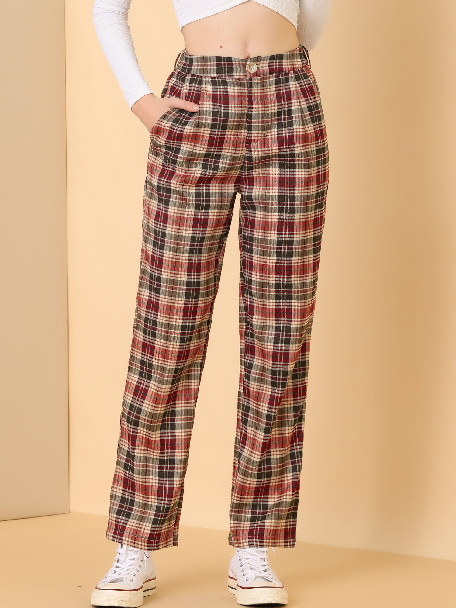 Plaid Elastic Waist Casual Work Office Long Pants Red Brown Beige/M