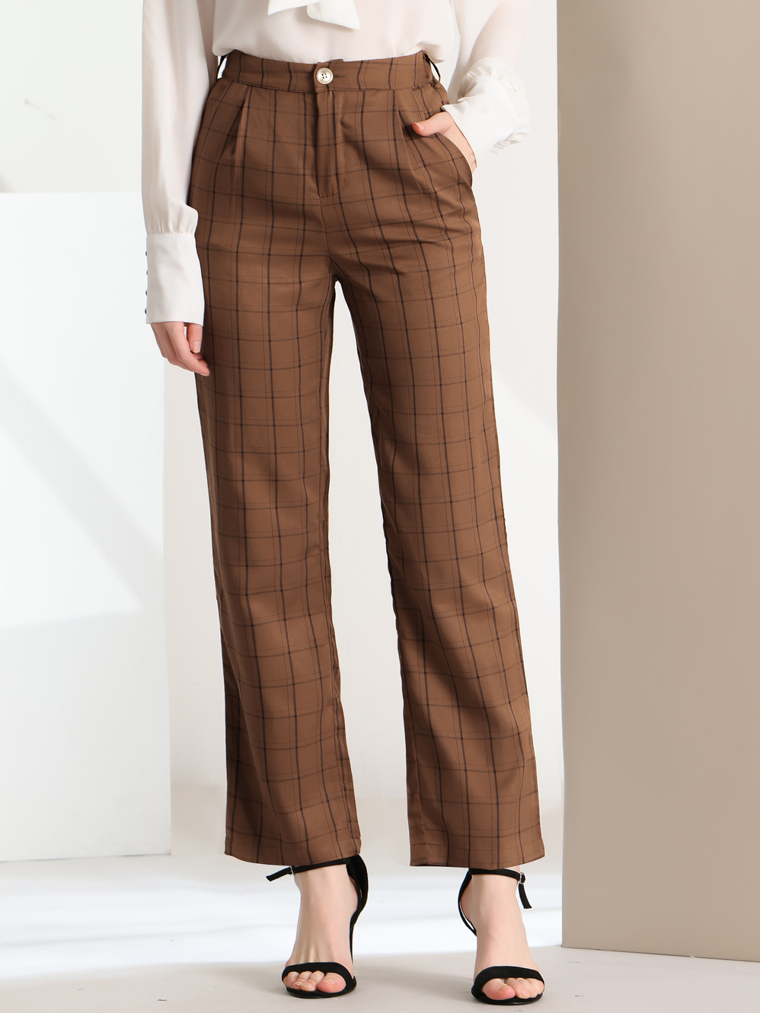 Plaid Pants Elastic Waist Casual Work Office Long Trousers Dark Brown black/XL