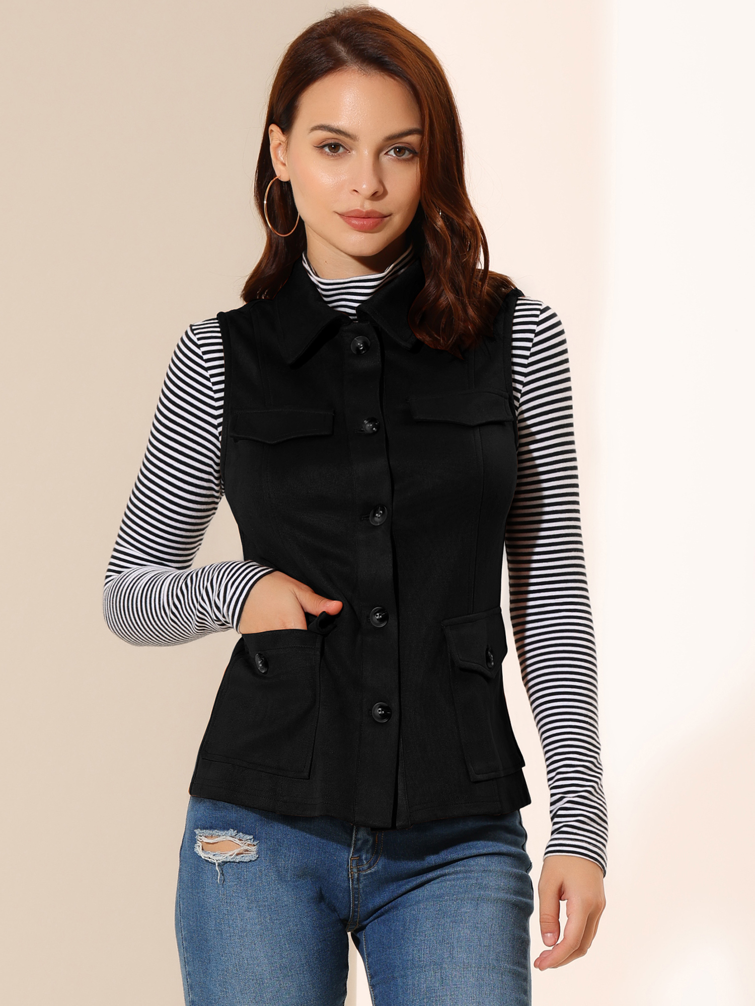 Faux Suede Vest Utility Buttoned Sleeveless Jacket with Cargo Pocket Black/XL