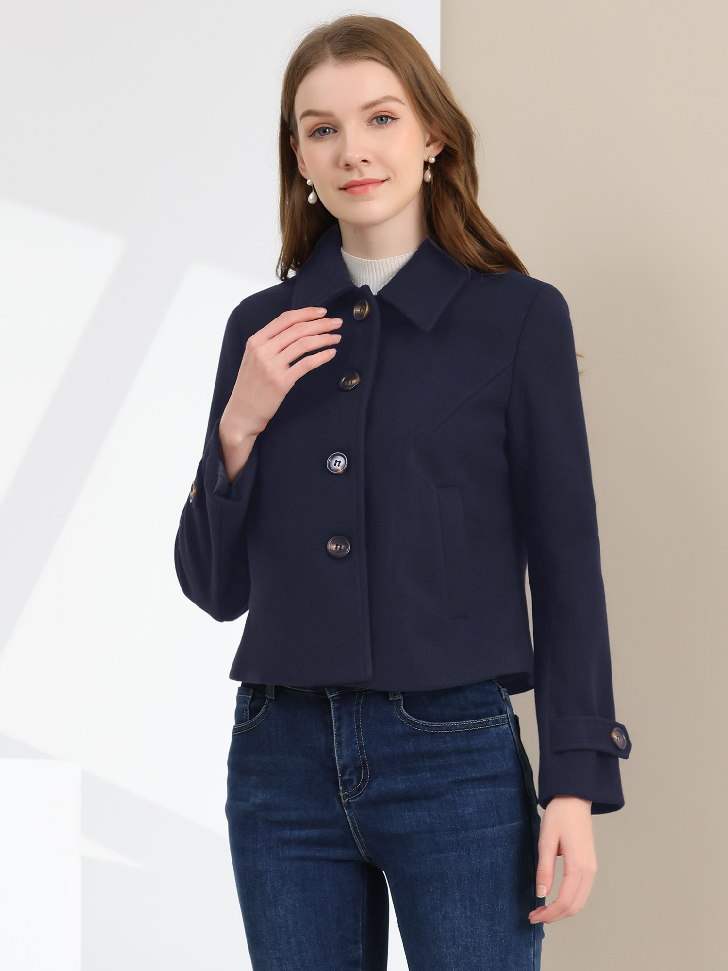Turn Down Collar Long Sleeve Single Breasted Outwear Winter Pea Coat Navy Blue/XS