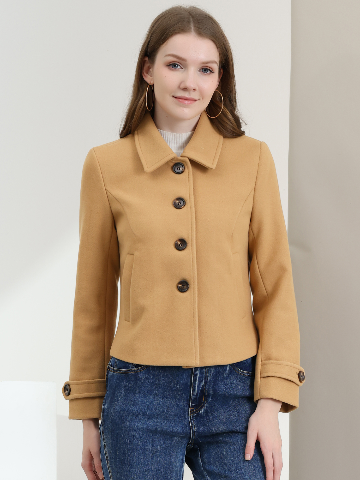 Turn Down Collar Long Sleeve Single Breasted Outwear Winter Pea Coat Khaki/XL