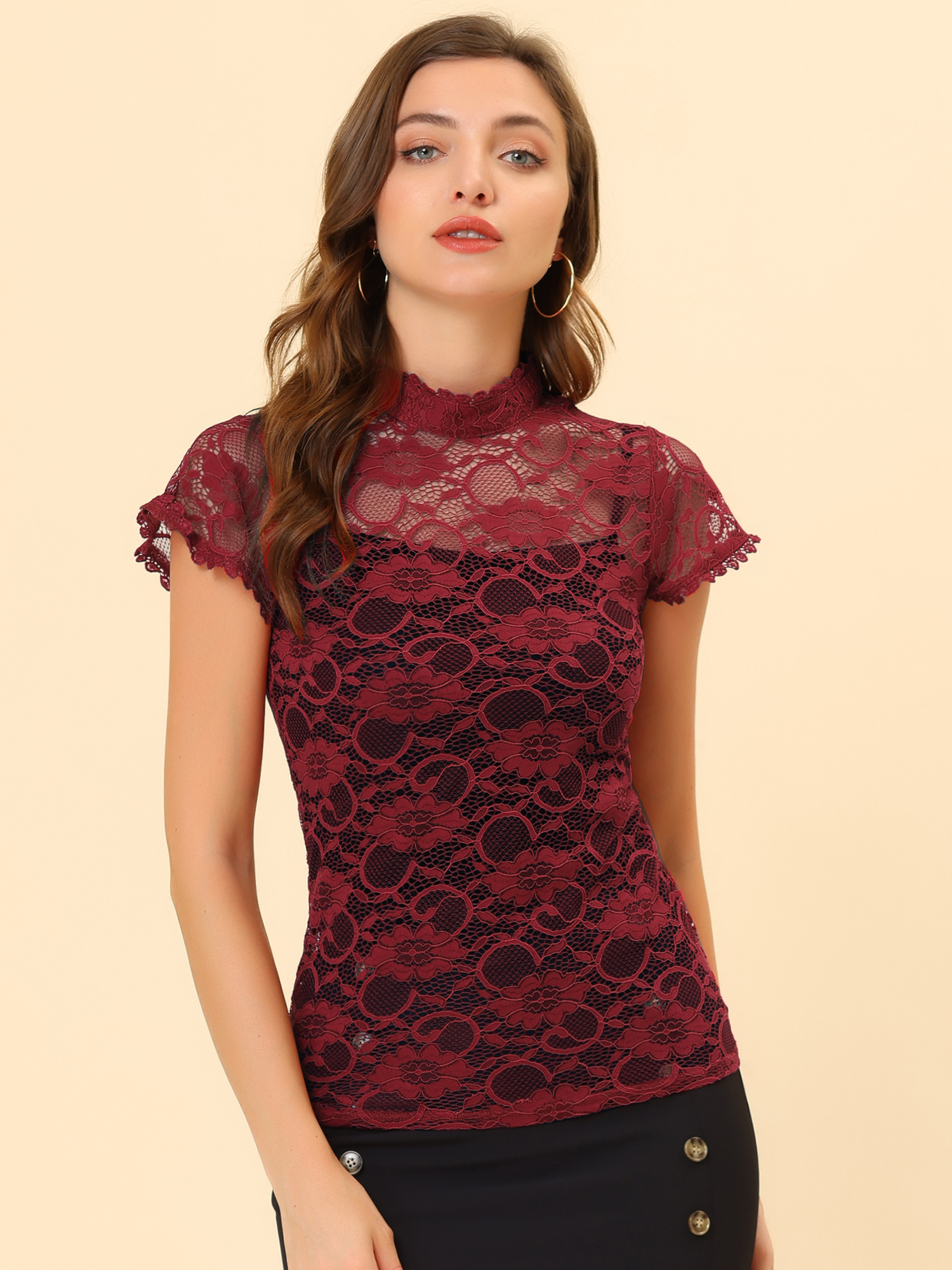 Elegant Floral Lace Short Sleeve Keyhole Back Fitted Blouse Wine/L