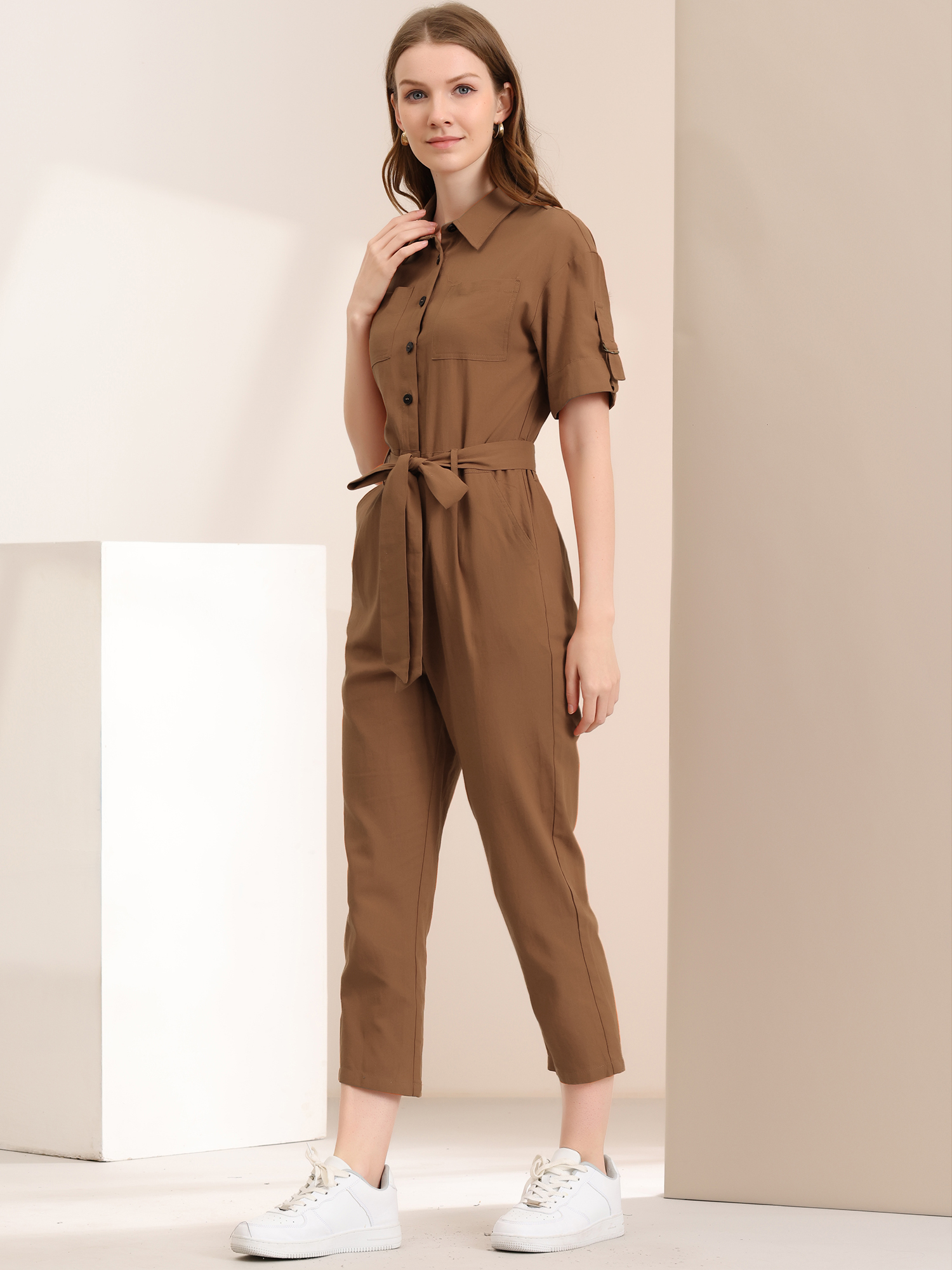Short Sleeve Button Down Belted Tie Waist Cotton Cargo Jumpsuit Brown/L