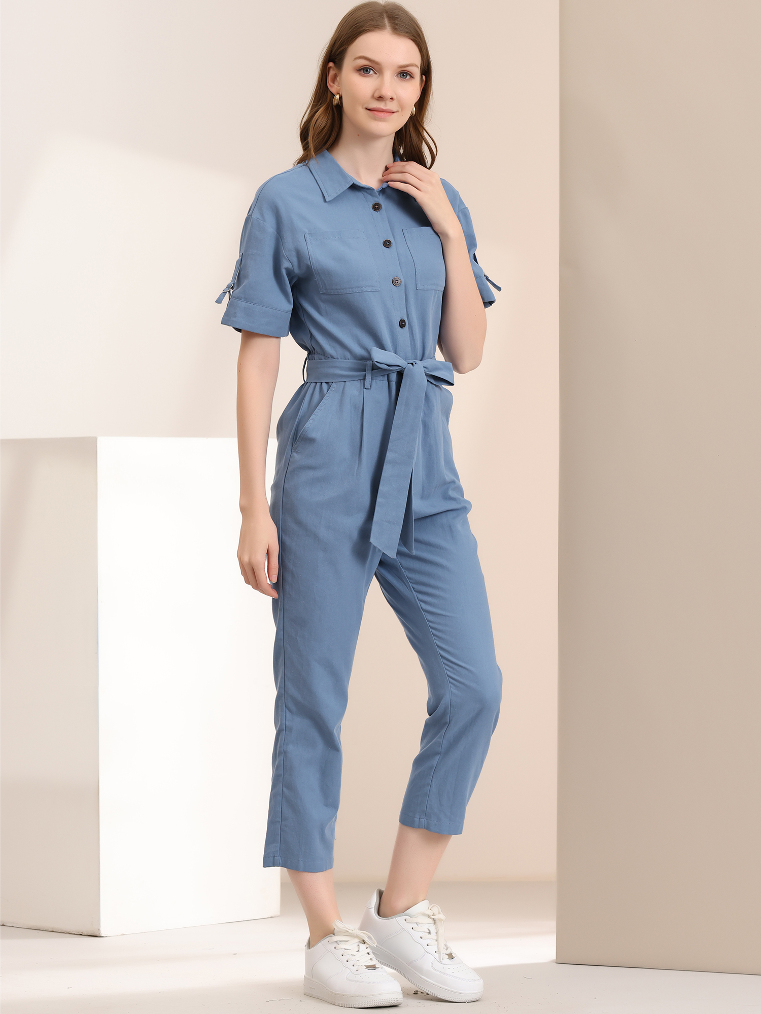 Short Sleeve Button Down Belted Tie Waist Cotton Cargo Jumpsuit Blue/XL