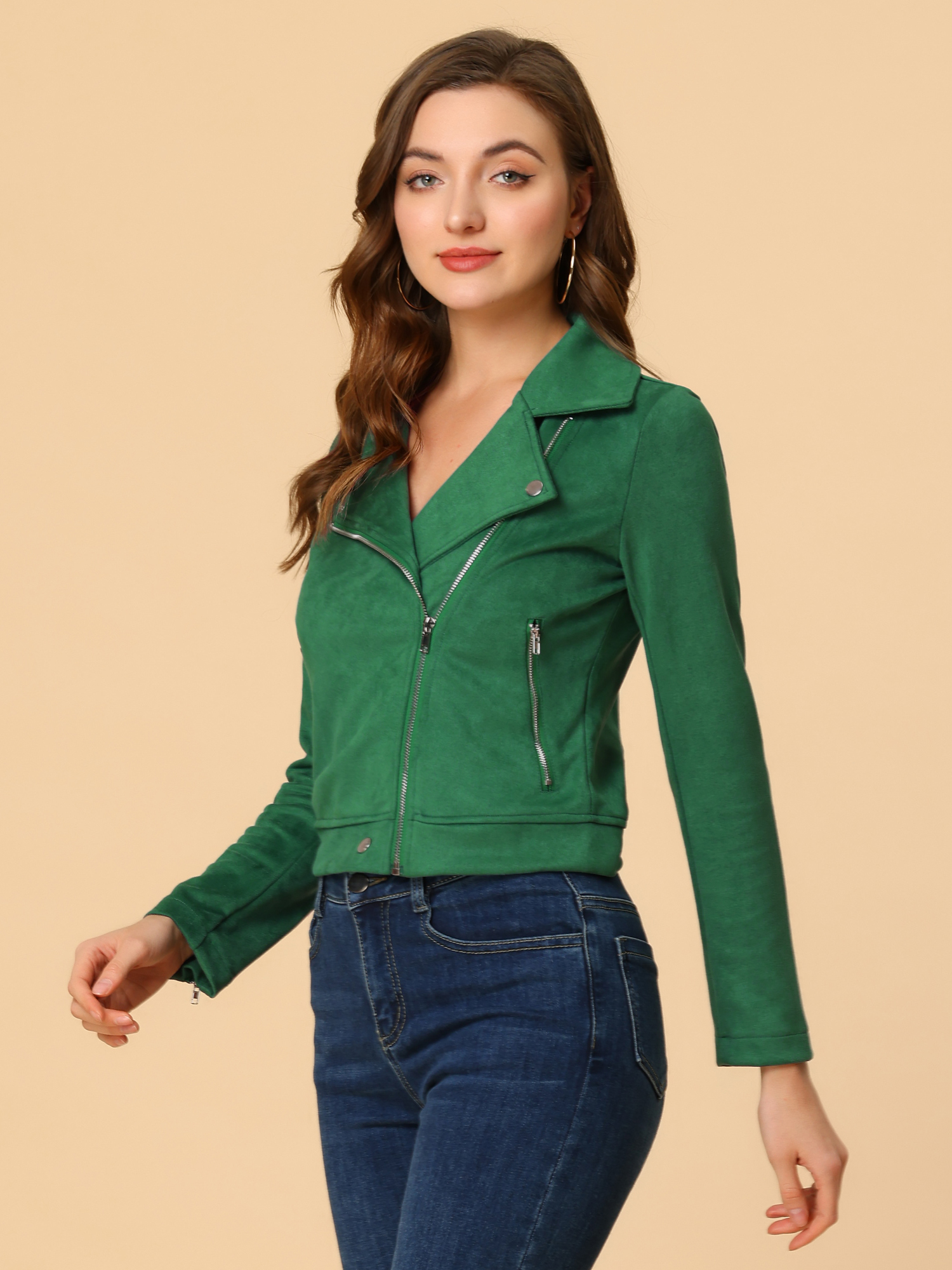 Casual Short Soft Zip Up Faux Suede Biker Moto Jacket Green/S
