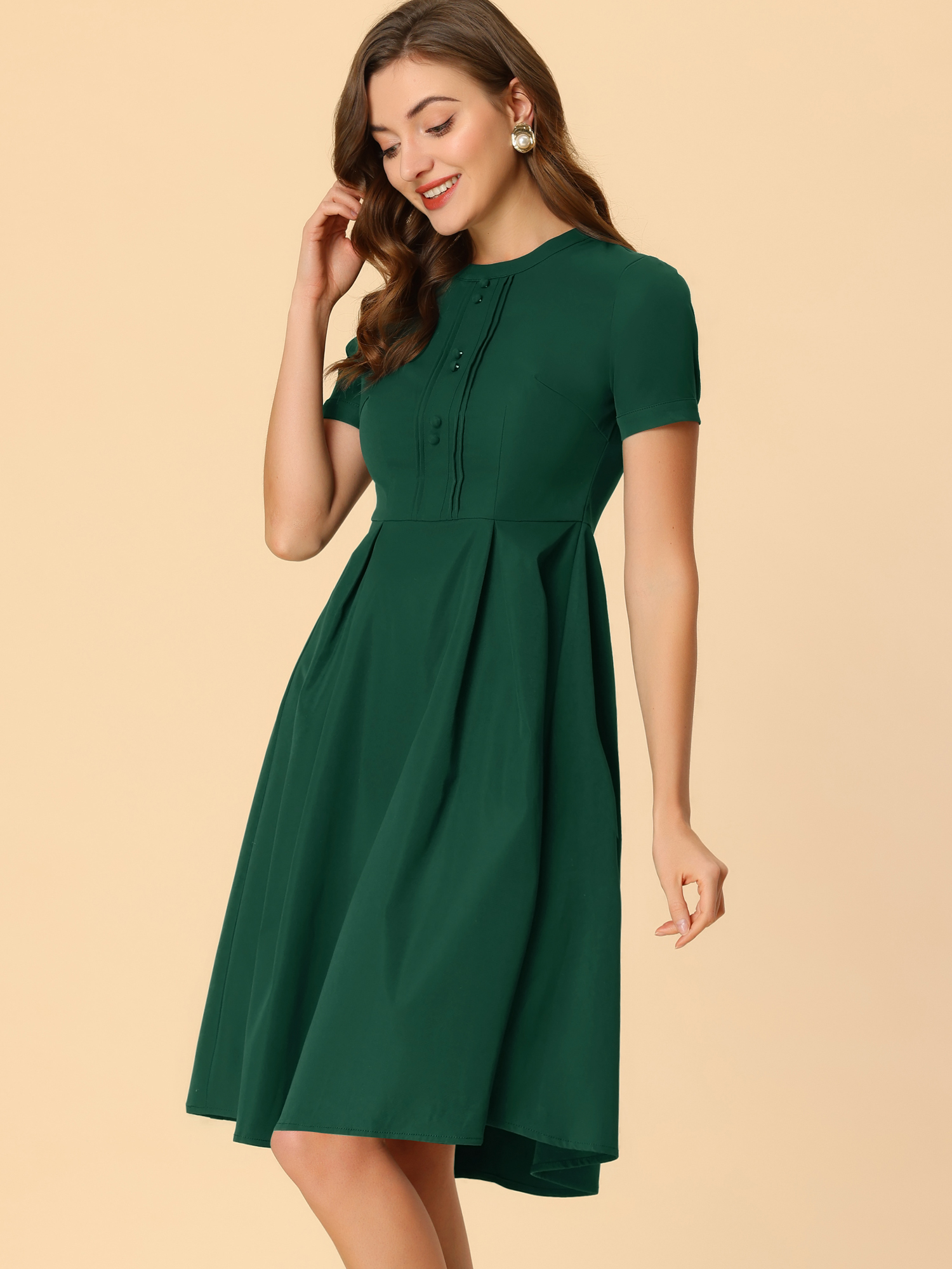 Vintage Round Neck Short Sleeve Pleated 1950s Midi Dress Dark Green/L