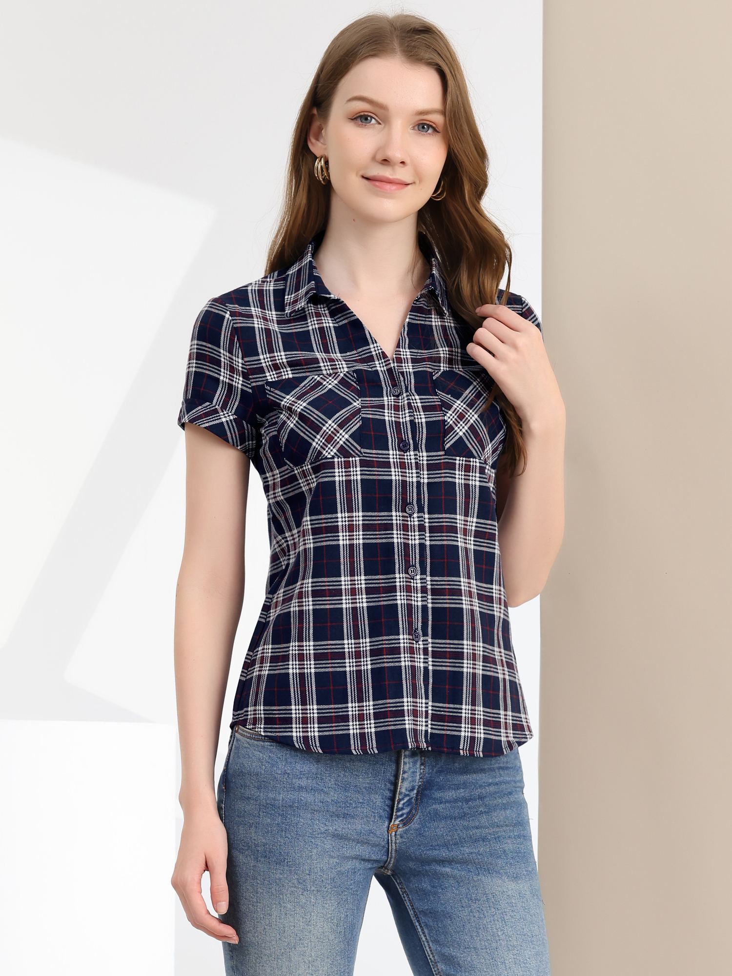 Button Down Cotton Classic Western Plaid Shirt Dark Blue/L