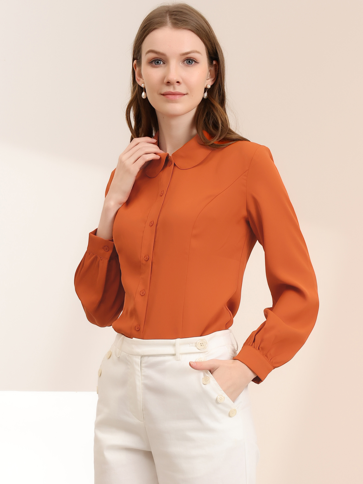 Button Up Peter Pan Collar Long Bishop Sleeve Blouse Top Caramel/S
